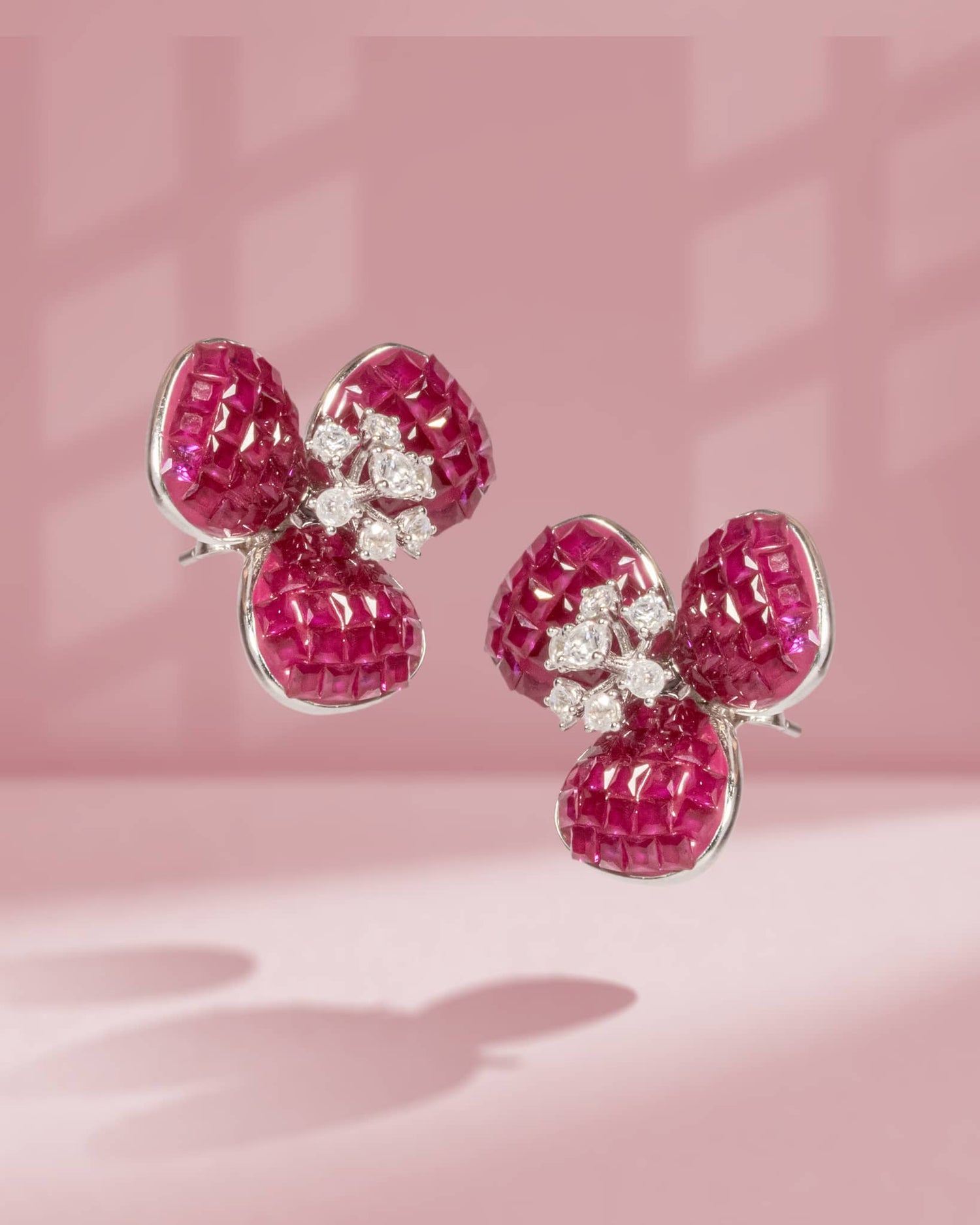 925 Sterling Silver Invisible Set Ruby Floral Stud Earrings | 3-Petal Flower Tops