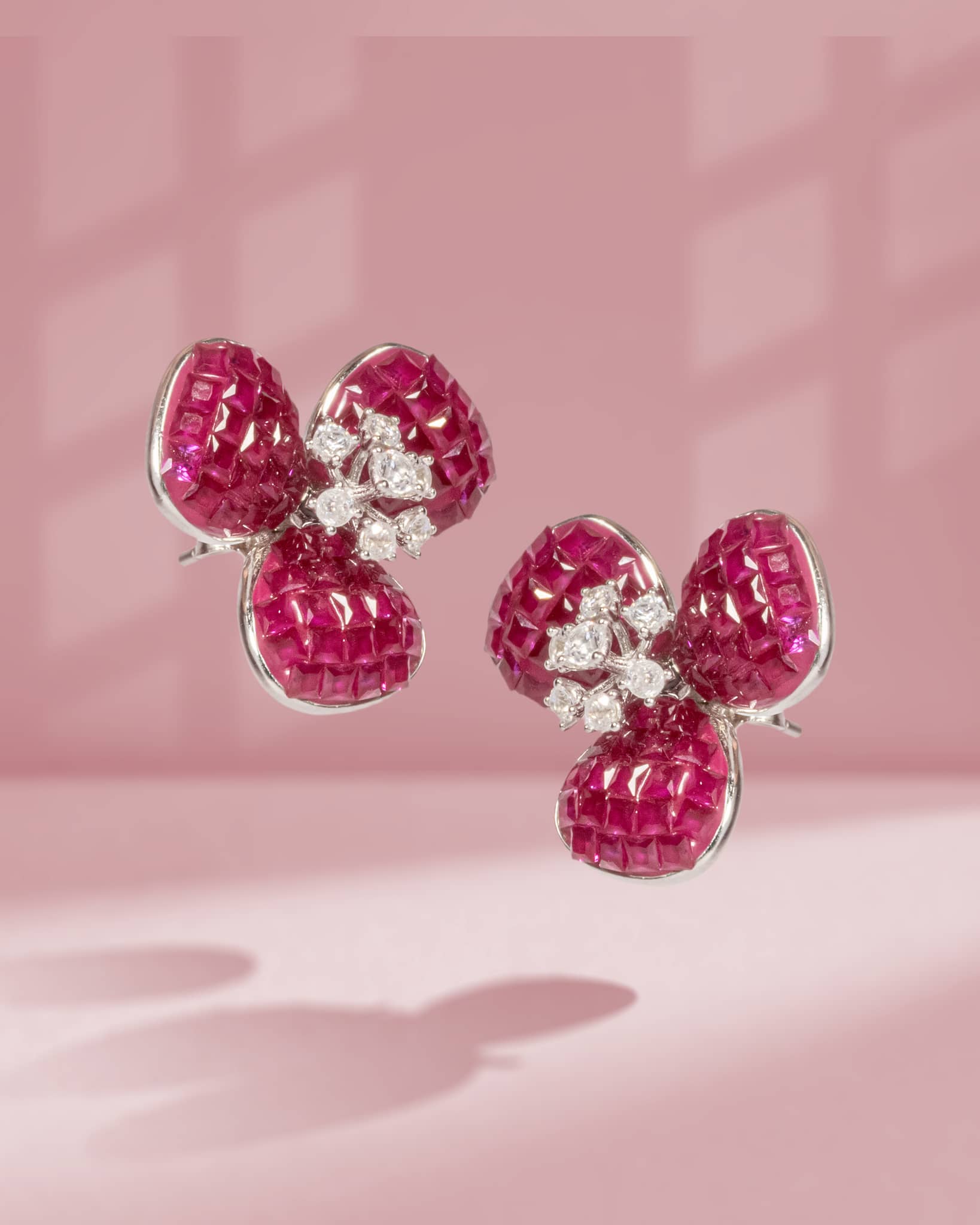 925 Sterling Silver Invisible Set Ruby Floral Stud Earrings | 3-Petal Flower Tops
