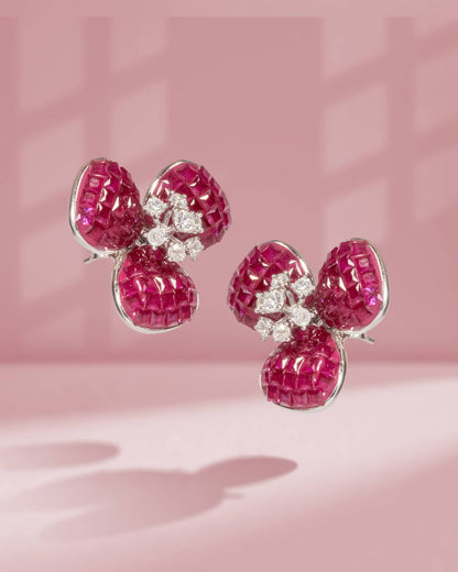 925 Sterling Silver Invisible Set Ruby Floral Stud Earrings | 3-Petal Flower Tops