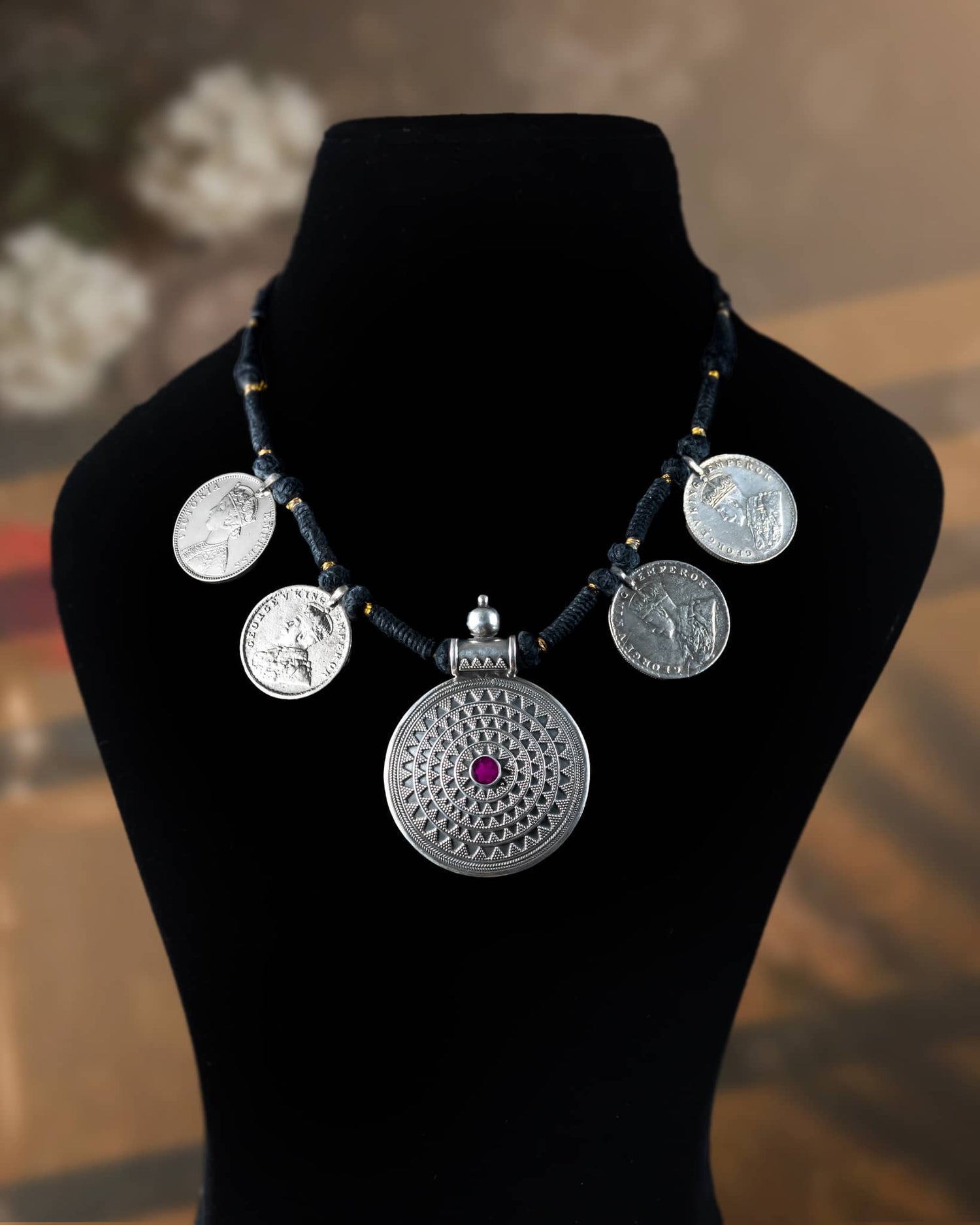 92.5 Sterling Silver Tribal Coin Necklace | Black Thread Dori Statement Pendant