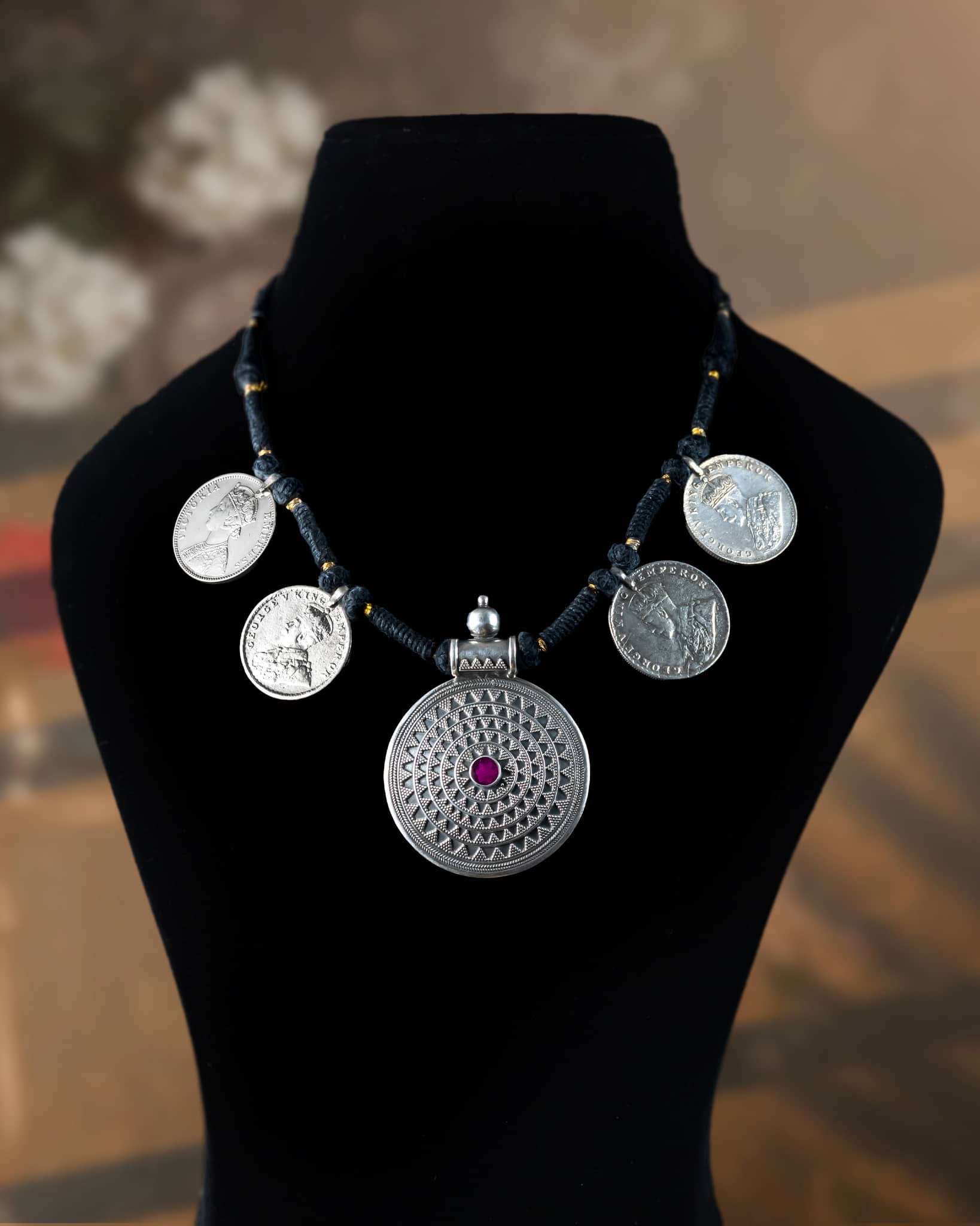 92.5 Sterling Silver Tribal Coin Necklace | Black Thread Dori Statement Pendant