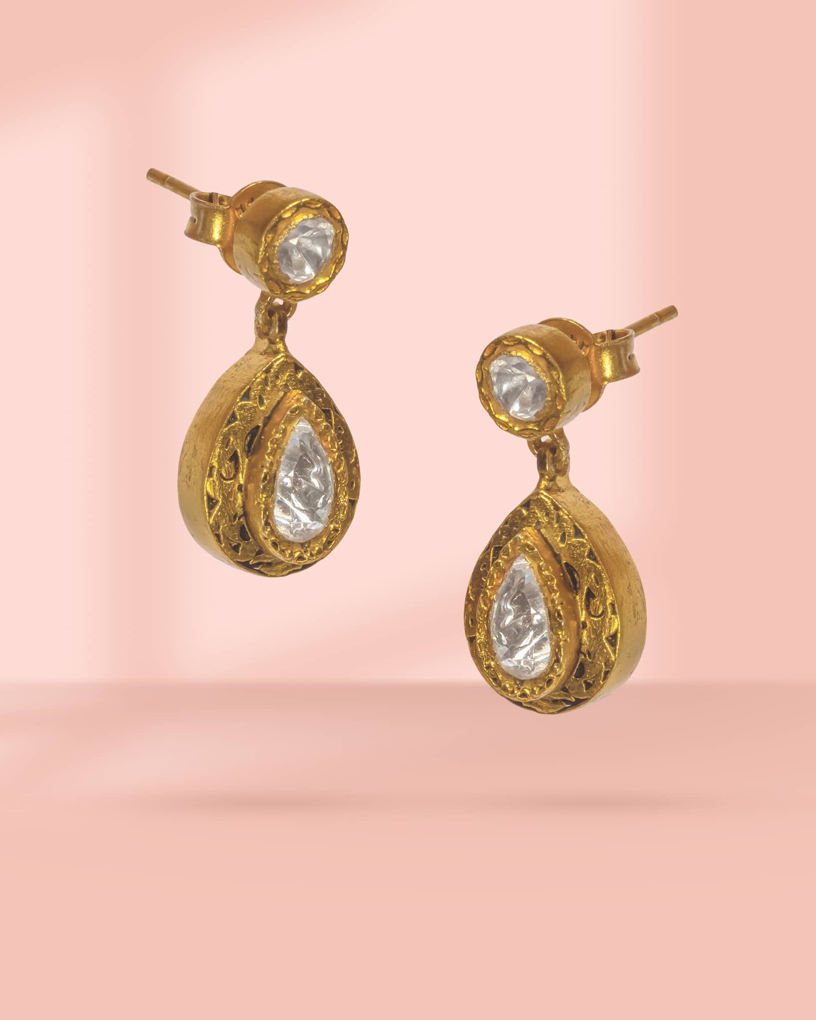 Premium 925 Sterling Silver Gold Plated Polki Teardrop Earrings | Antique Scrollwork Jadau Drop