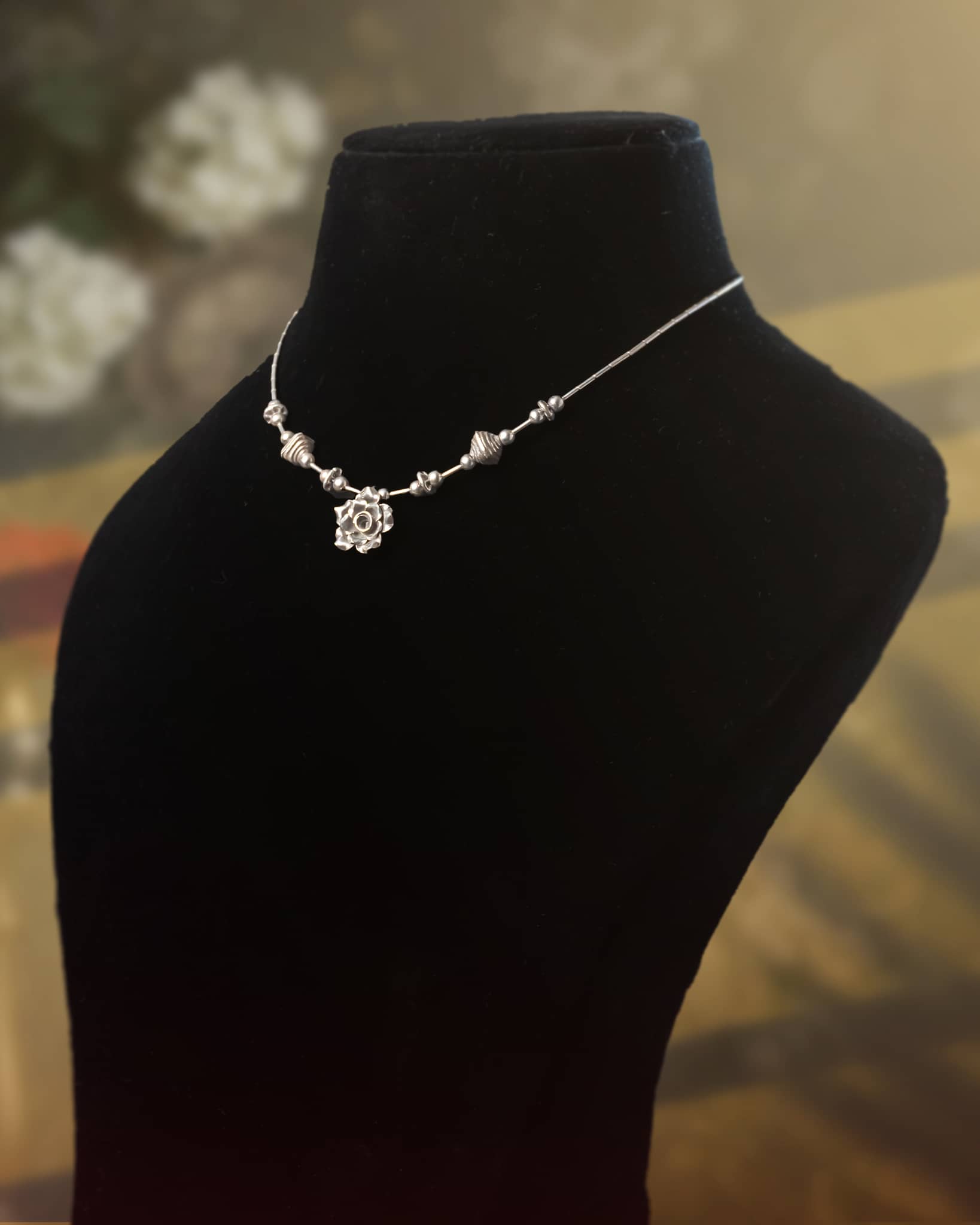 92.5 Sterling Silver Oxidized 3D Rose Pendant Necklace | Floral Bead Station Chain