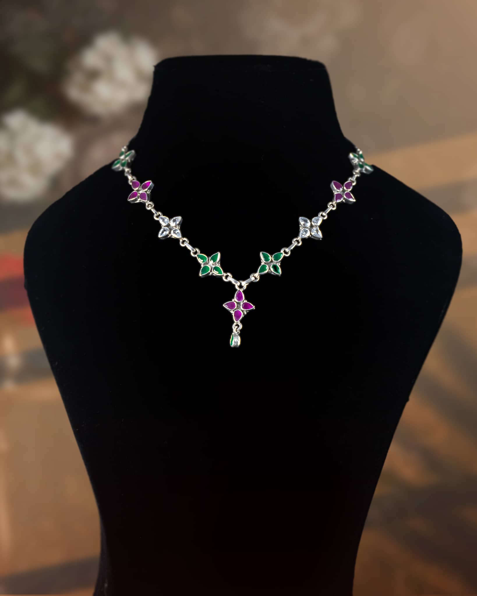 92.5 Sterling Silver Floral Station Necklace | Pink & Green Stone Delicate Chain