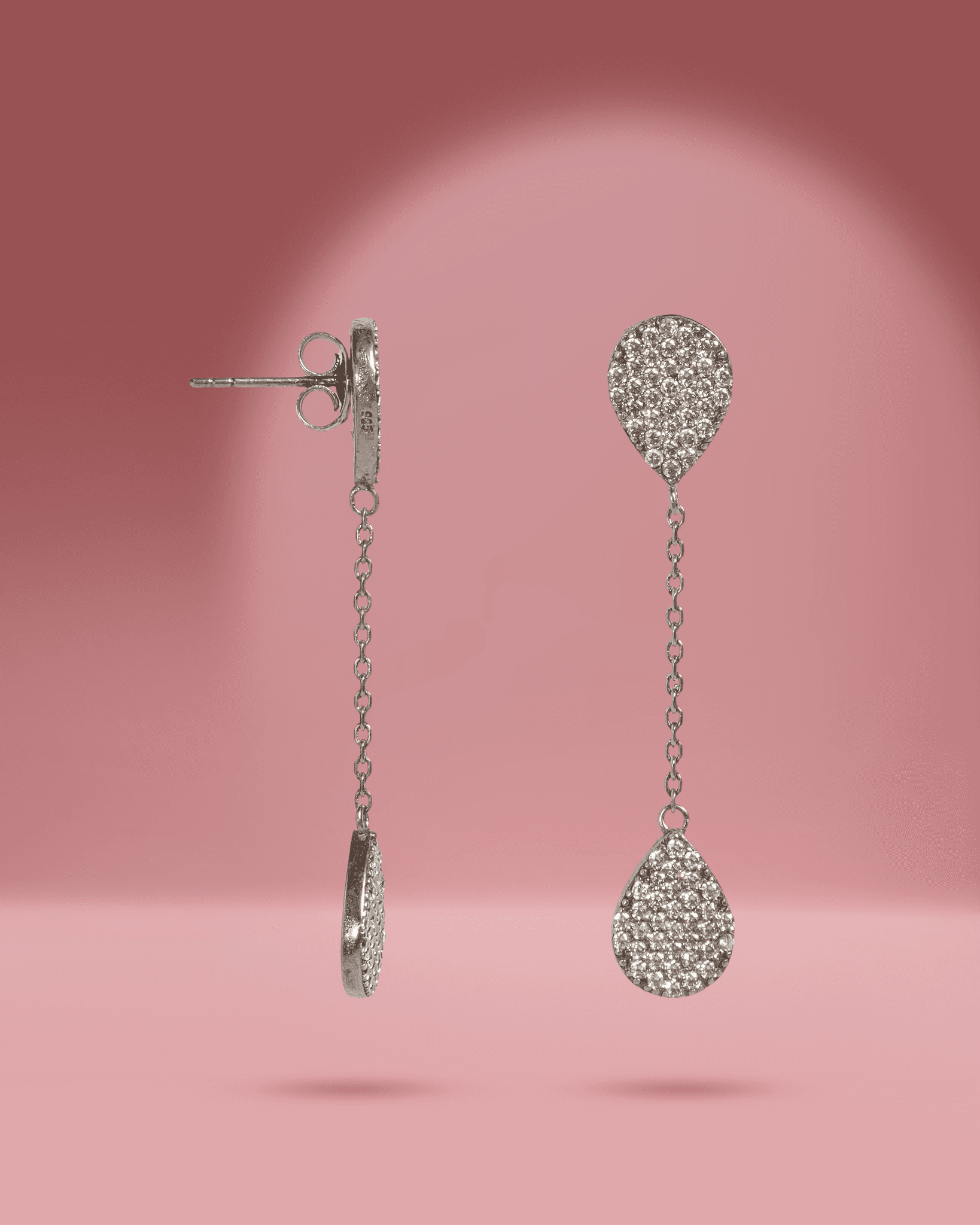 925 Sterling Silver Double Teardrop Dangler Earrings | Pave Set American Diamond (AD) Drop