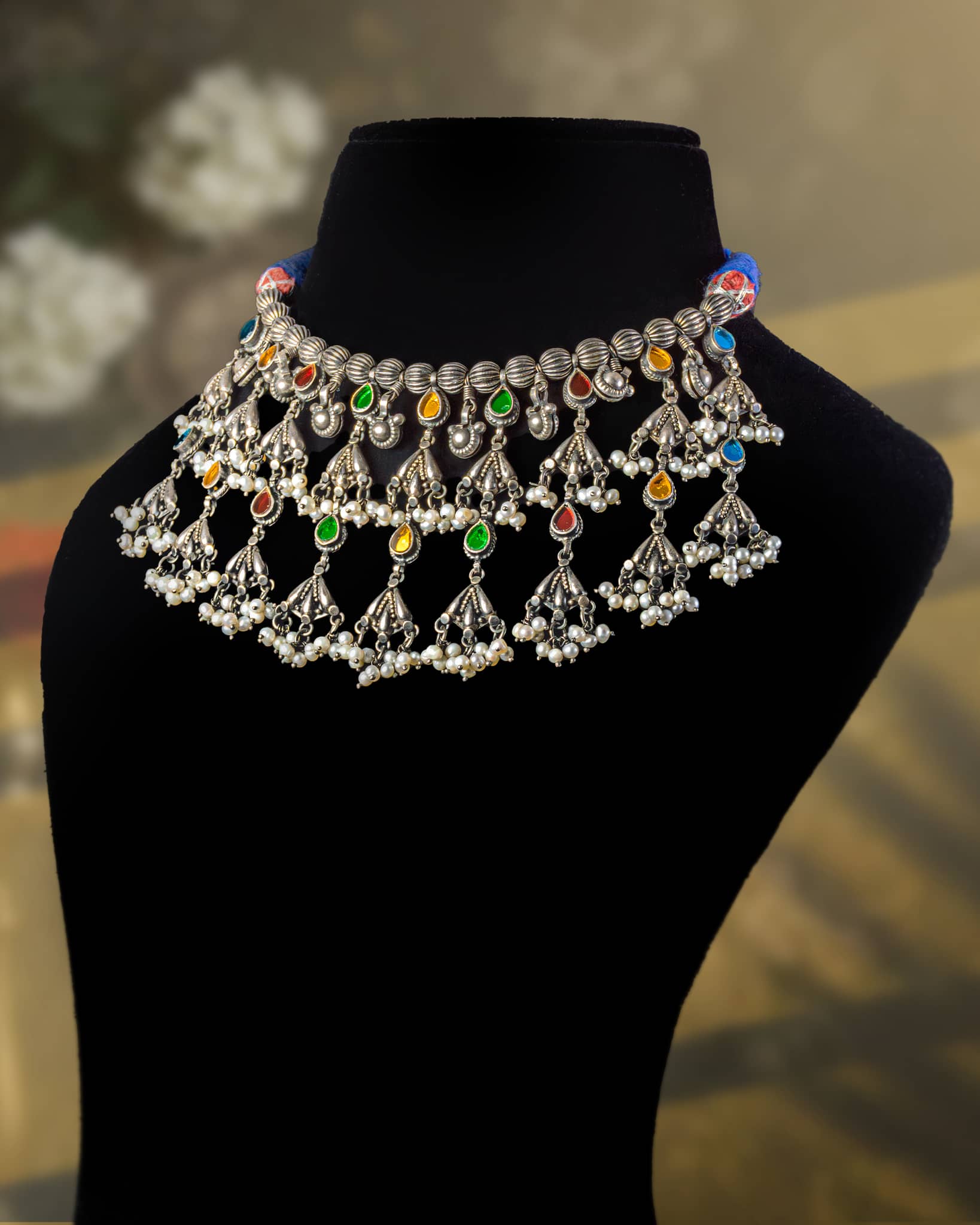 92.5 Sterling Silver Tree of Life (Kalpavriksha) Hasli Necklace | Multi-Color Stone Nature Collar