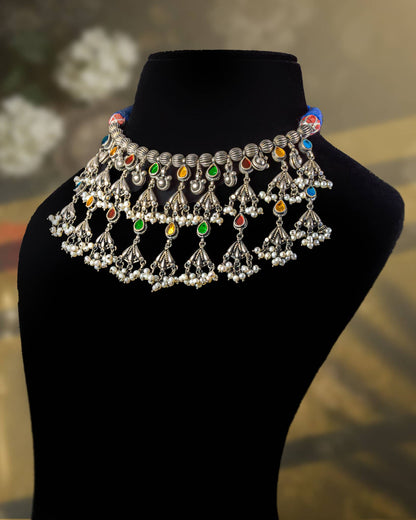 92.5 Sterling Silver Tree of Life (Kalpavriksha) Hasli Necklace | Multi-Color Stone Nature Collar