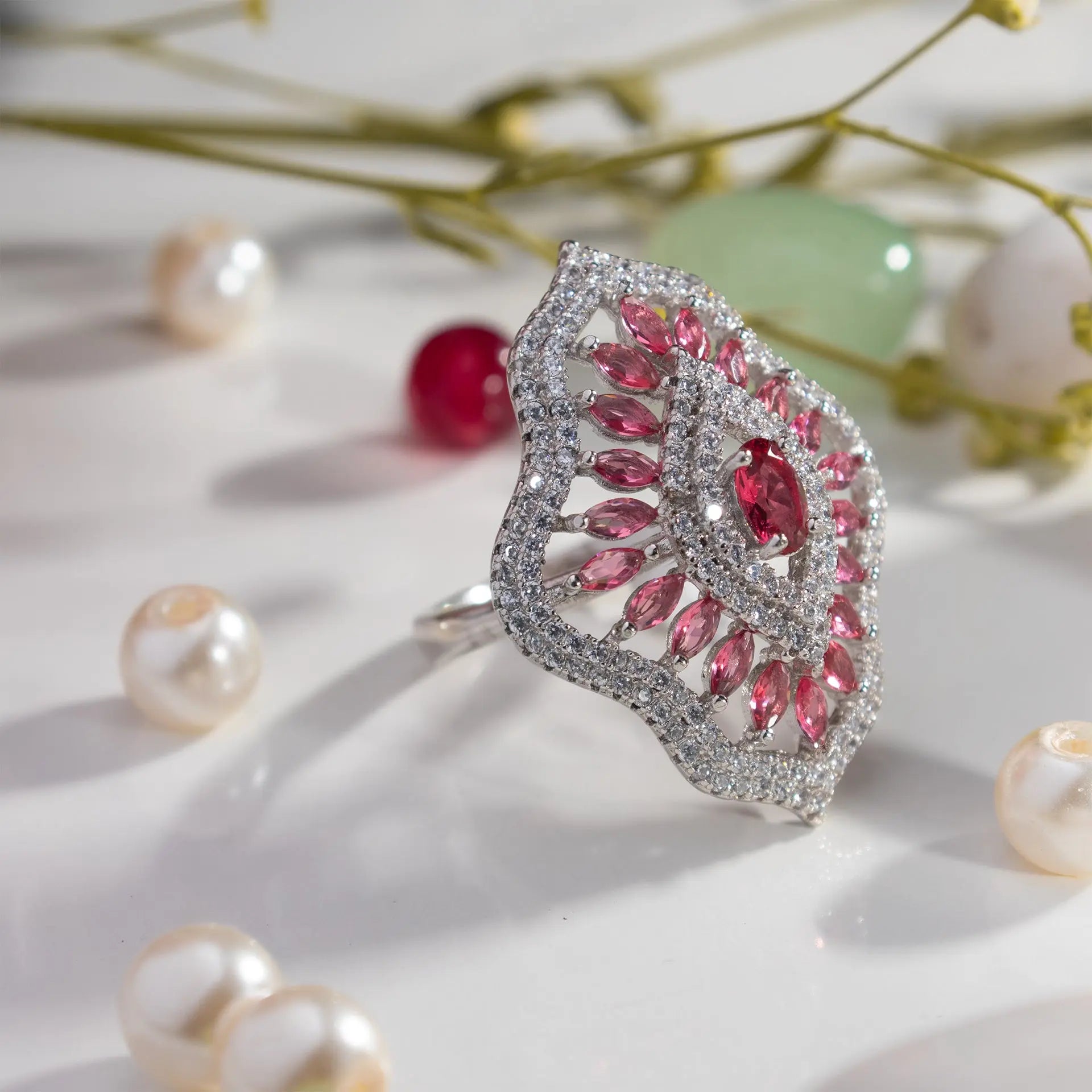 Red Floral Cocktail Ring Hardik Jewels