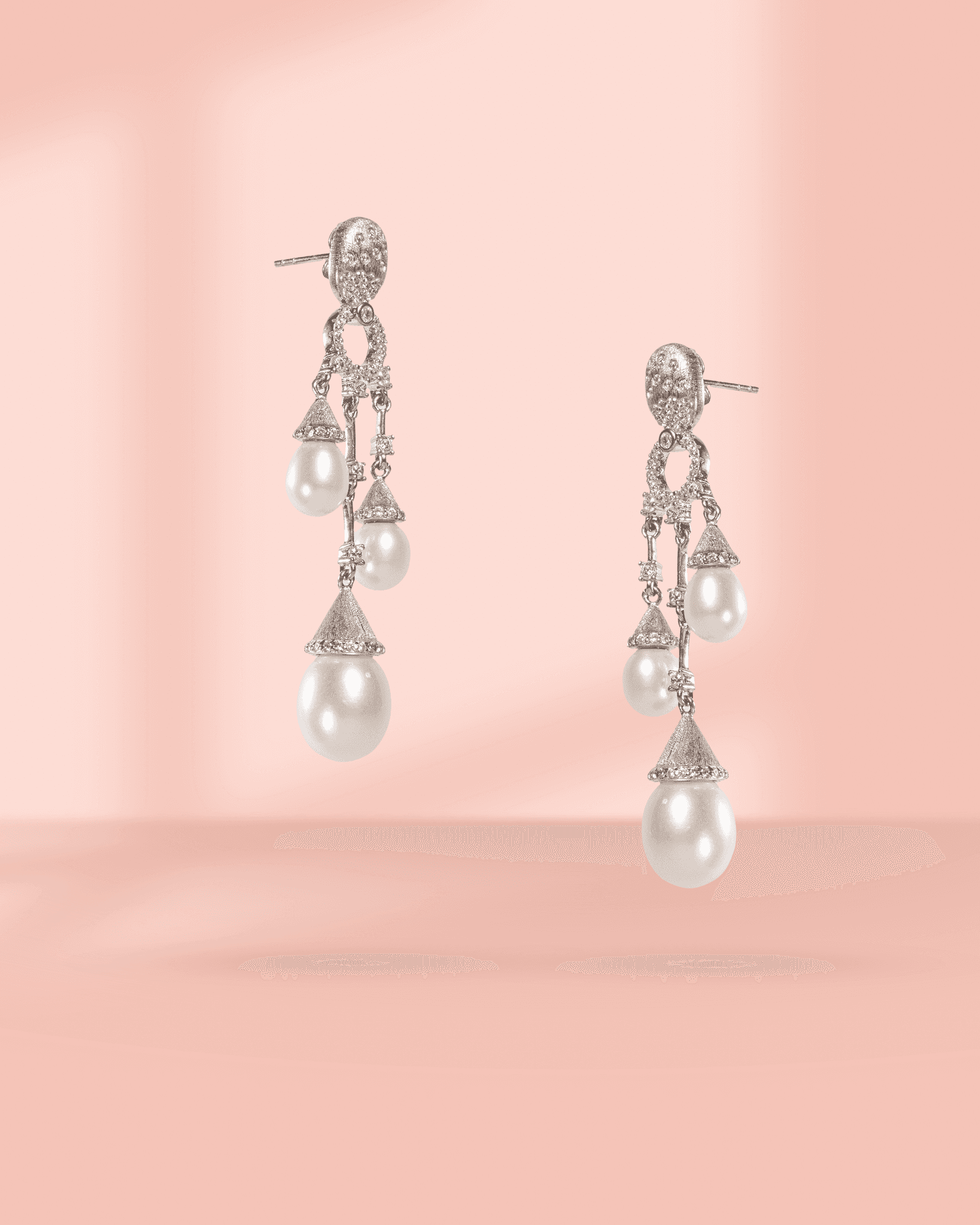 92.5 Sterling Silver Triple Pearl Drop Earrings | Matte Finish CZ Diamond Danglers