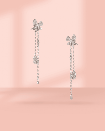 92.5 Sterling Silver Intertwined Loop Double Pearl Drop Earrings | CZ Diamond Dangle Earrings