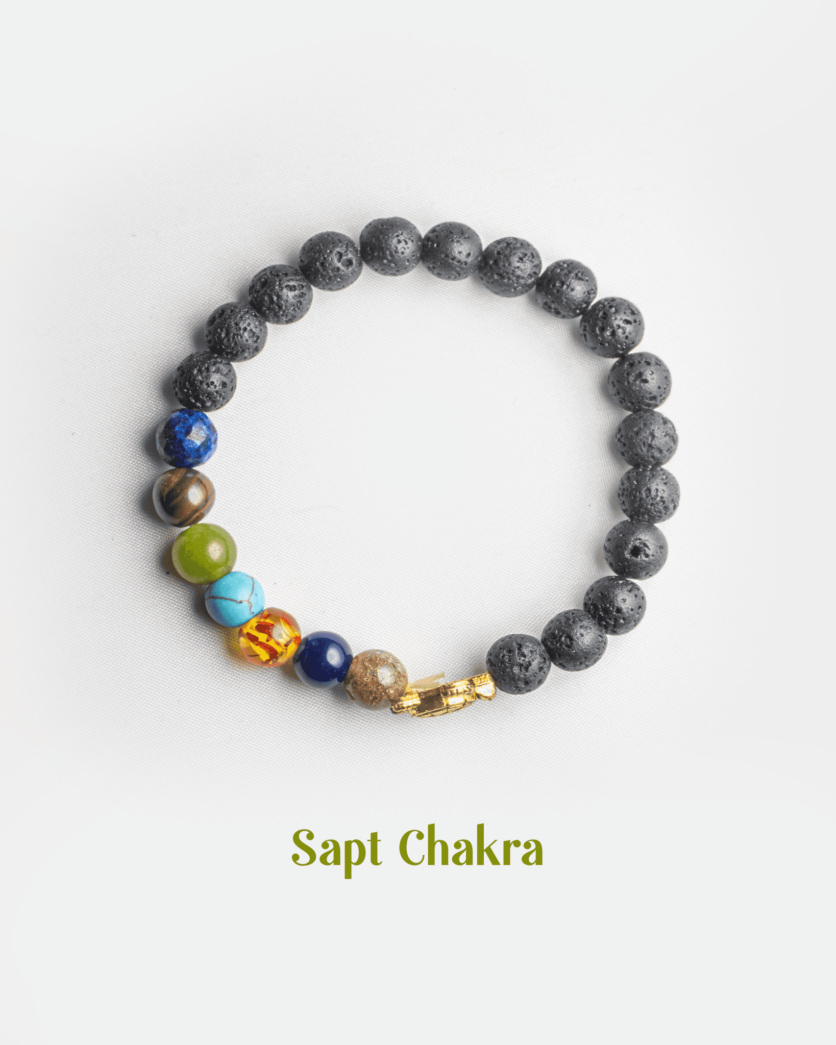7 Chakra Healing Lava Stone Bracelet with Golden Turtle Charm | Sapt Chakra Reiki Jewelry