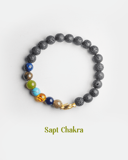 7 Chakra Healing Lava Stone Bracelet with Golden Turtle Charm | Sapt Chakra Reiki Jewelry