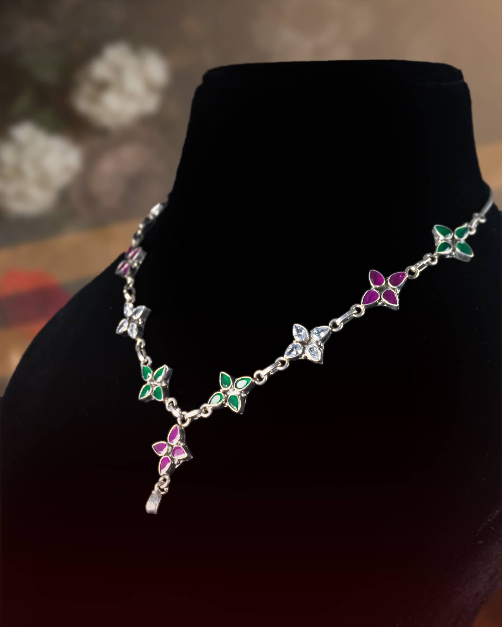 92.5 Sterling Silver Floral Station Necklace | Pink & Green Stone Delicate Chain