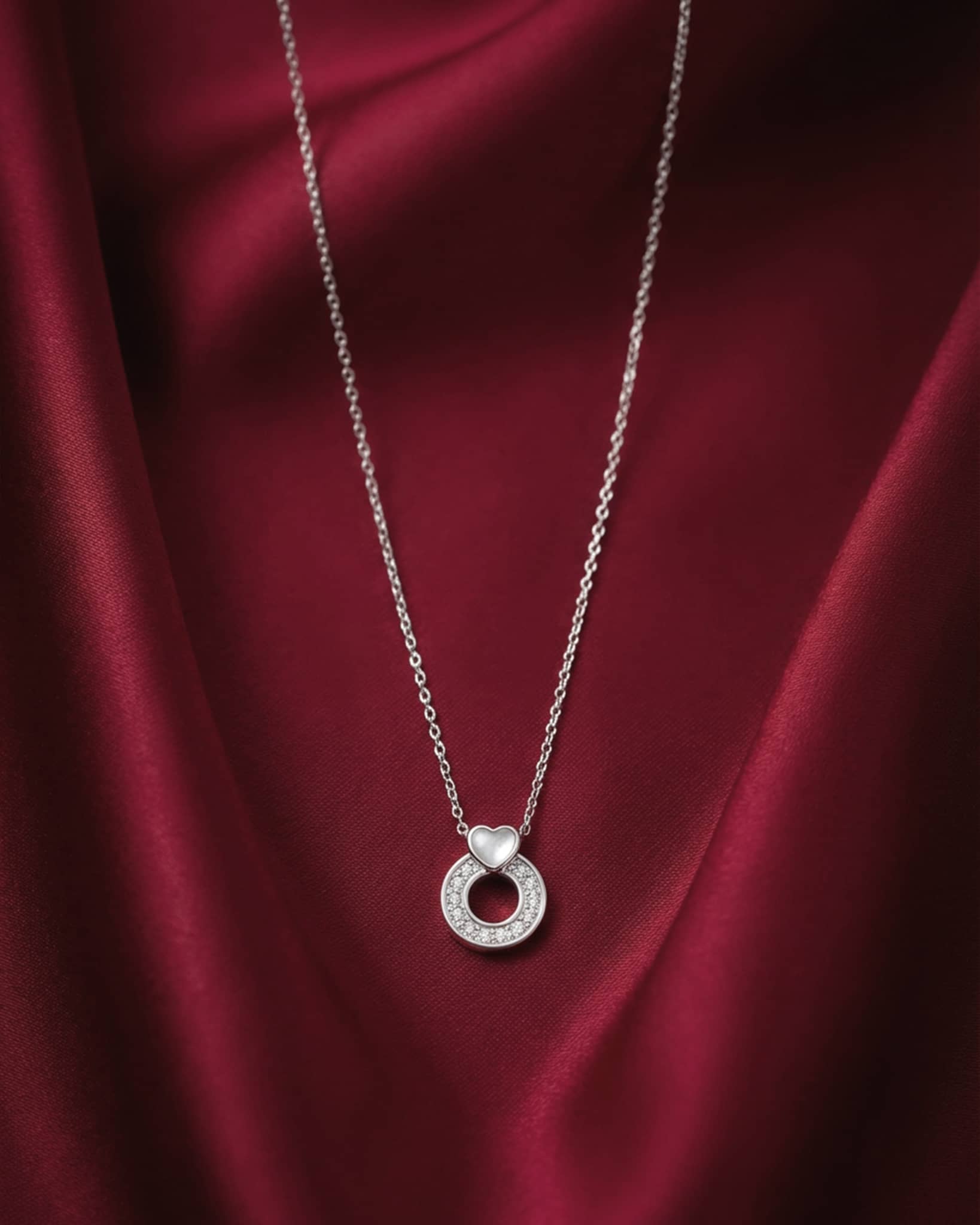 92.5 Sterling Silver Heart & Circle Pendant Necklace | CZ Diamond Love Charm