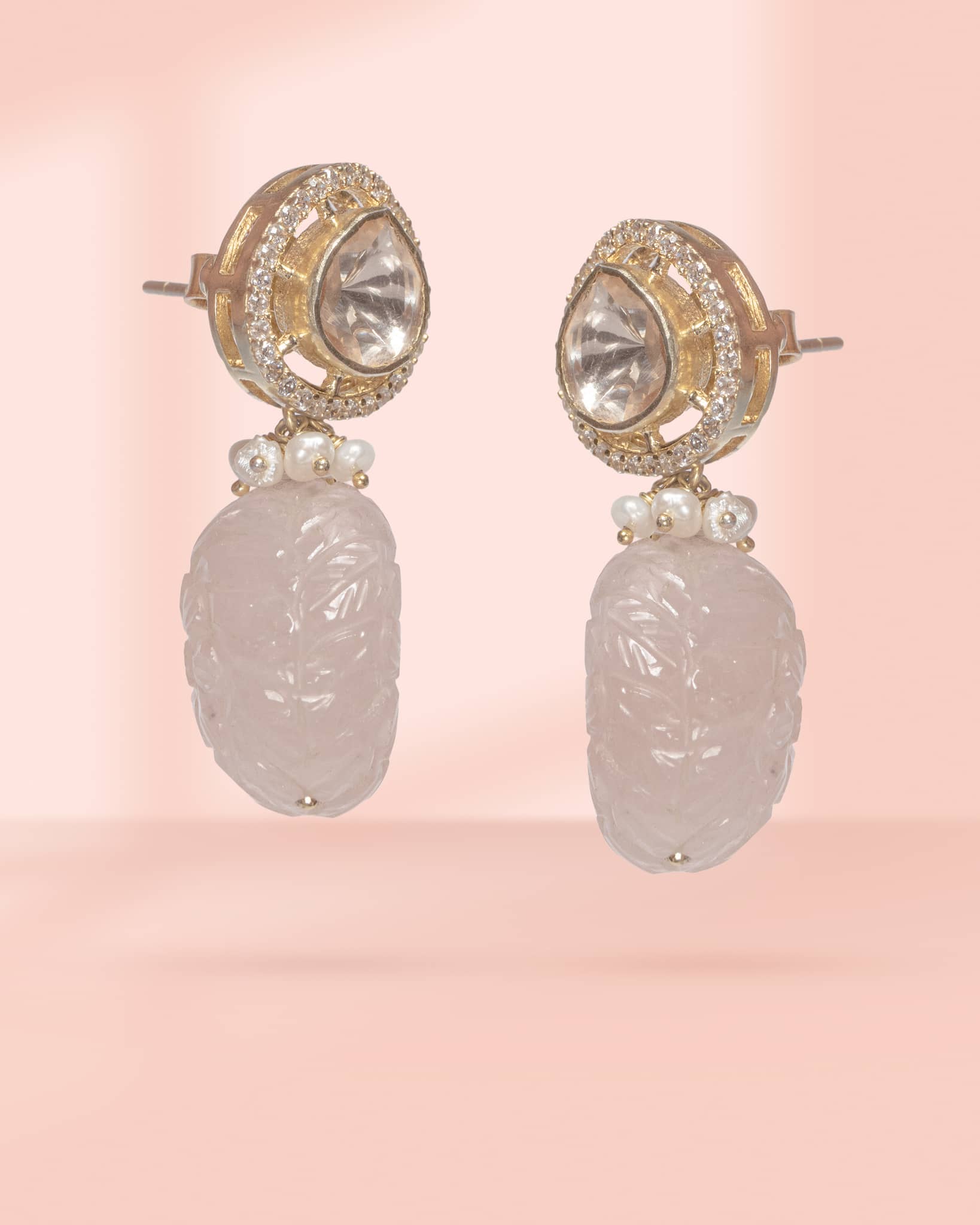 Premium 925 Sterling Silver Gold Plated Carved Pink Stone Drop Earrings | Polki & AD Stud