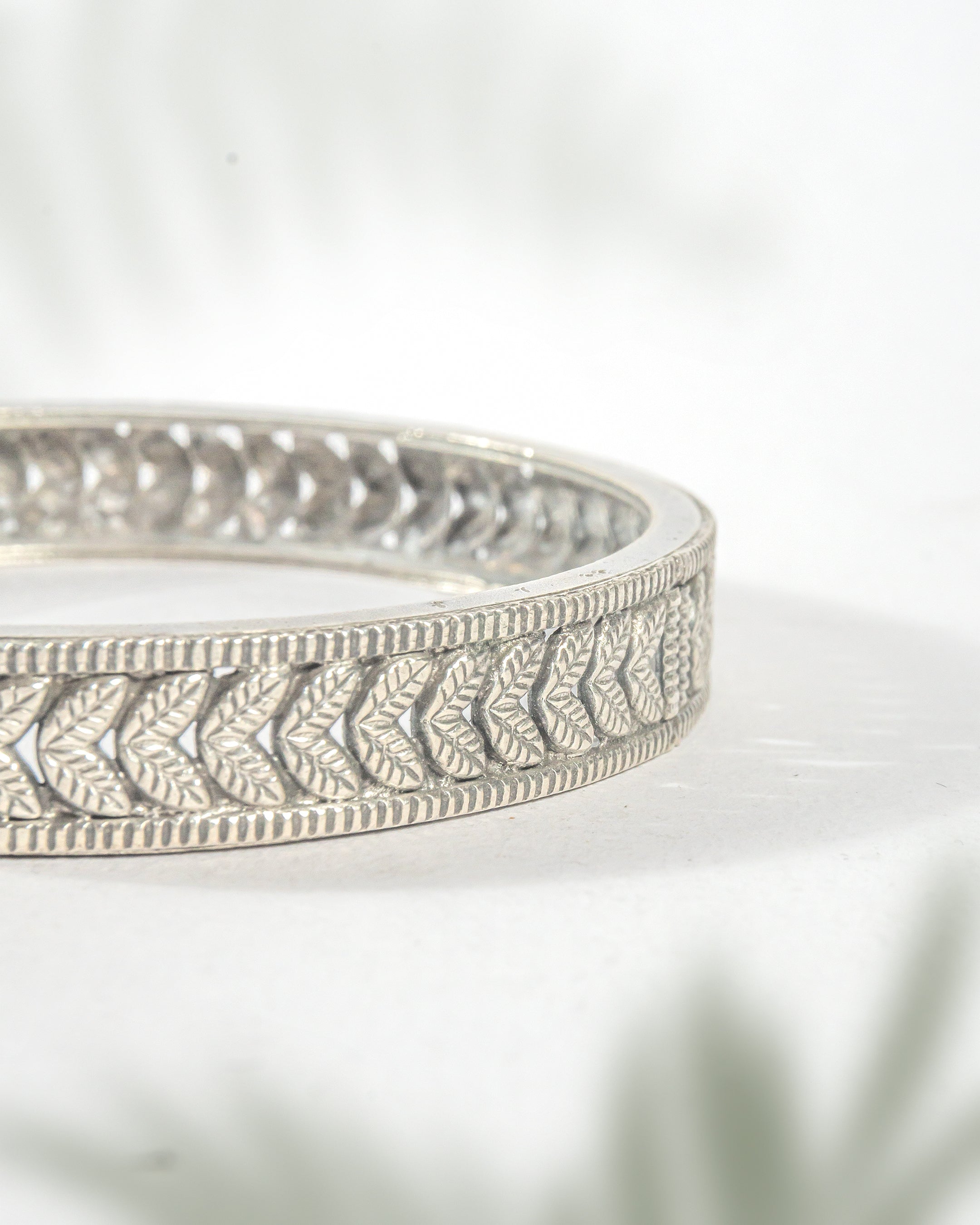 92.5 Sterling Silver Leaf Pattern Antique Bangle | Nature Motif Oxidized Kada