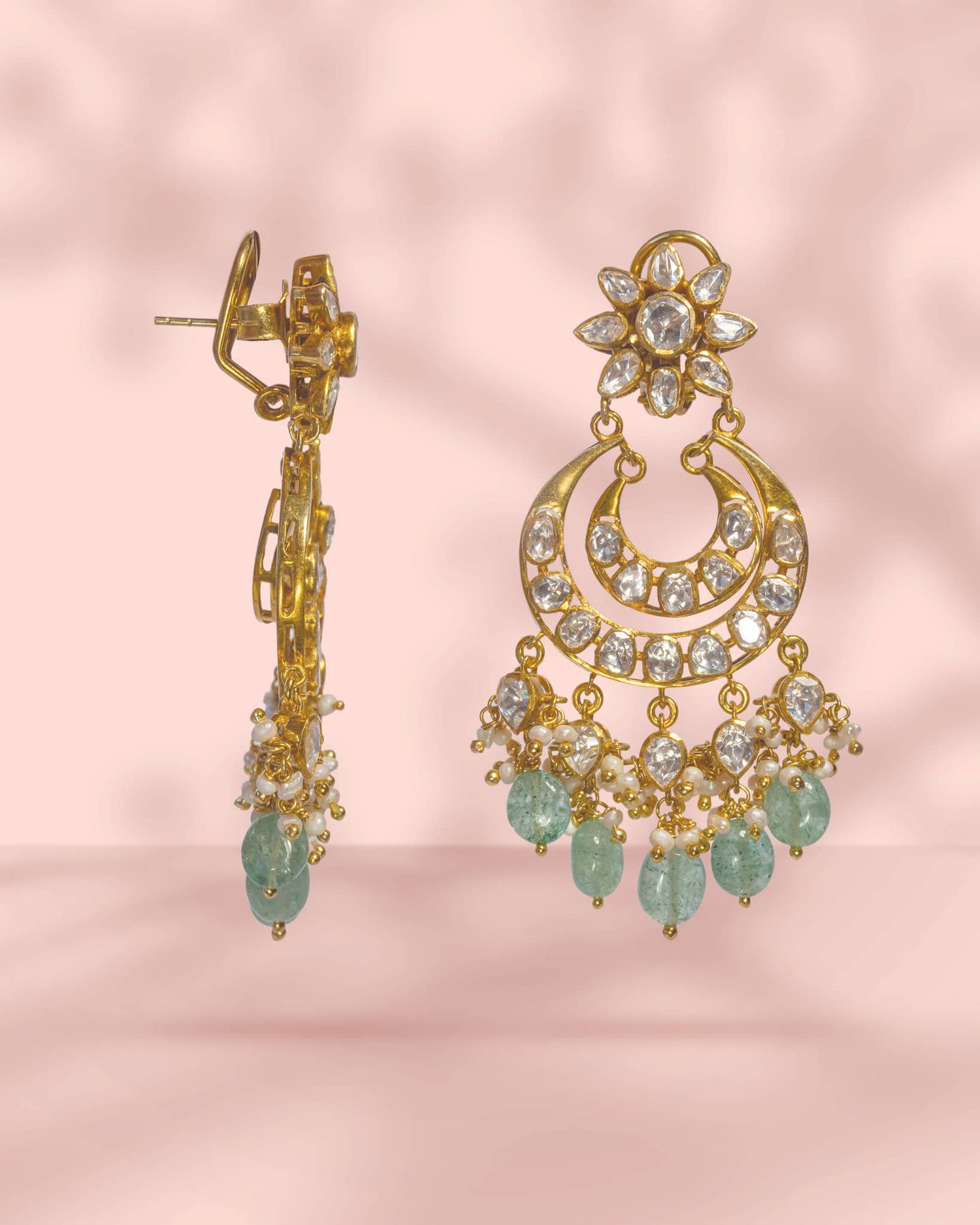 Gold Plated Polki Chandbali Earrings with Mint Green Beads &amp; Pearls | Royal Wedding Jewelry