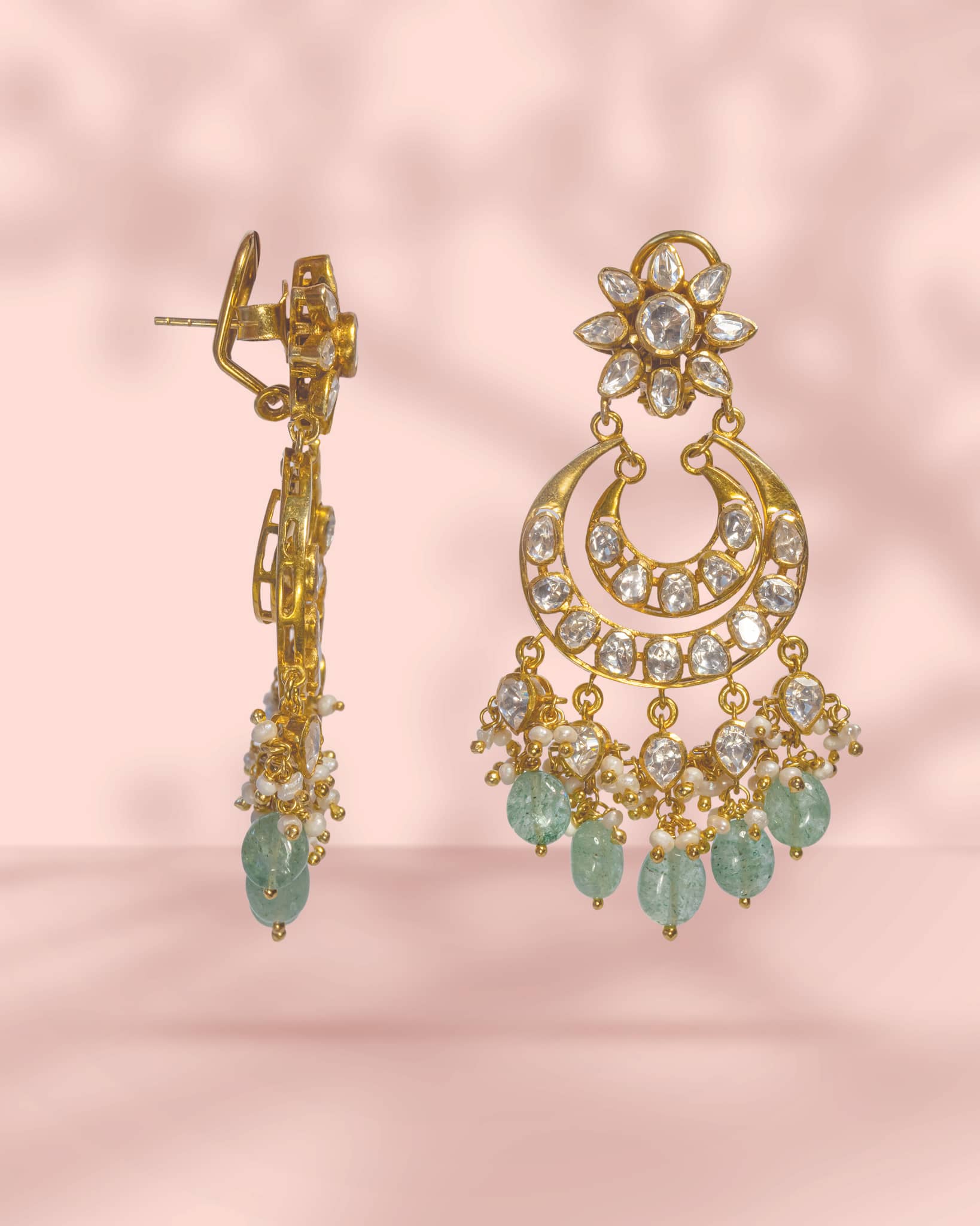 Gold Plated Polki Chandbali Earrings with Mint Green Beads & Pearls | Royal Wedding Jewelry