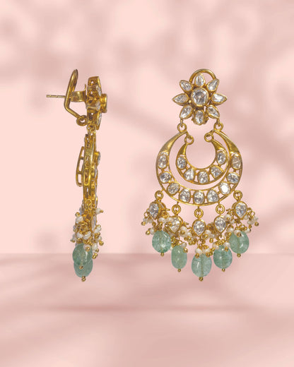Gold Plated Polki Chandbali Earrings with Mint Green Beads &amp; Pearls | Royal Wedding Jewelry