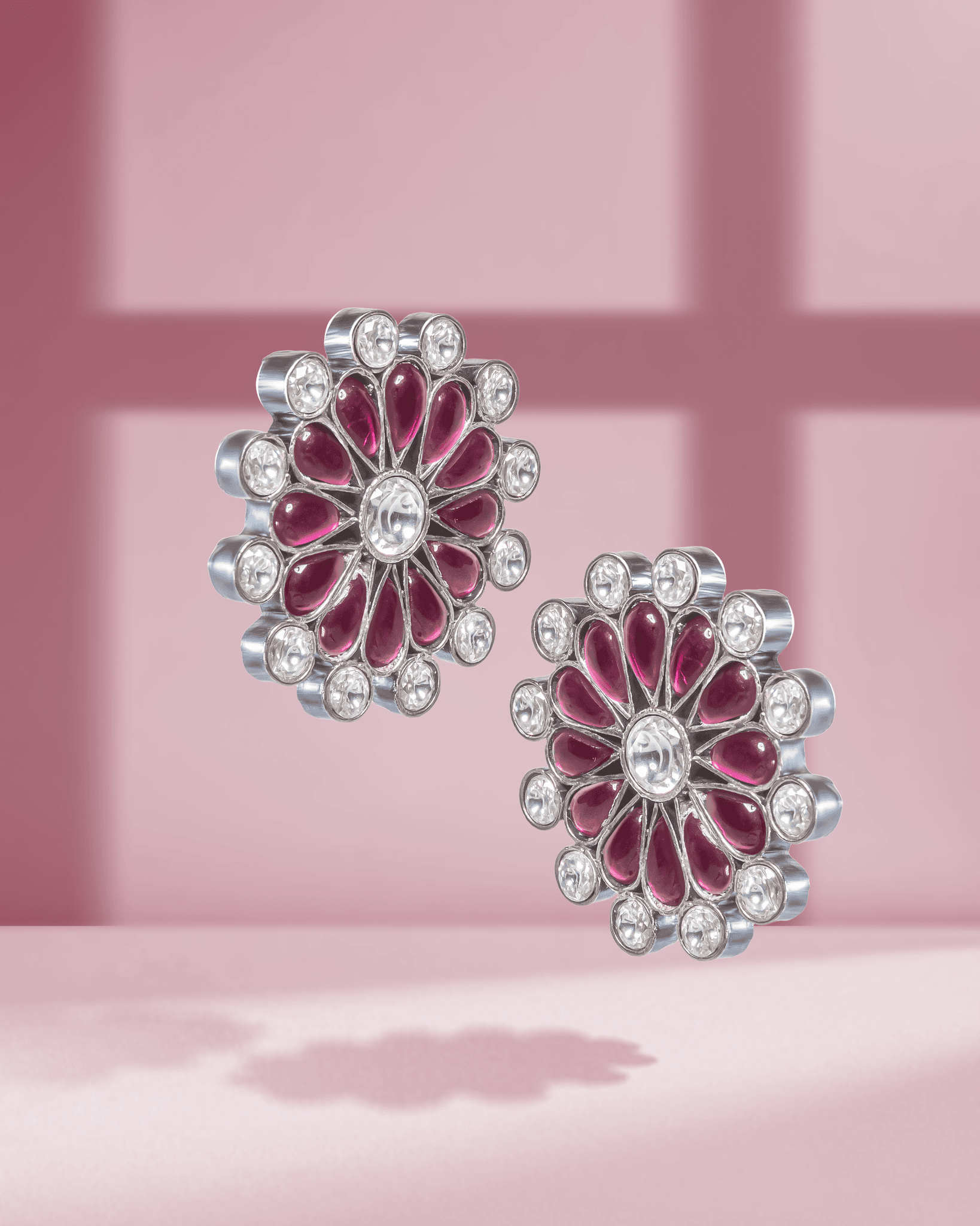 925 Sterling Silver Floral Statement Studs | Ruby Pink & White Polki Style Earrings