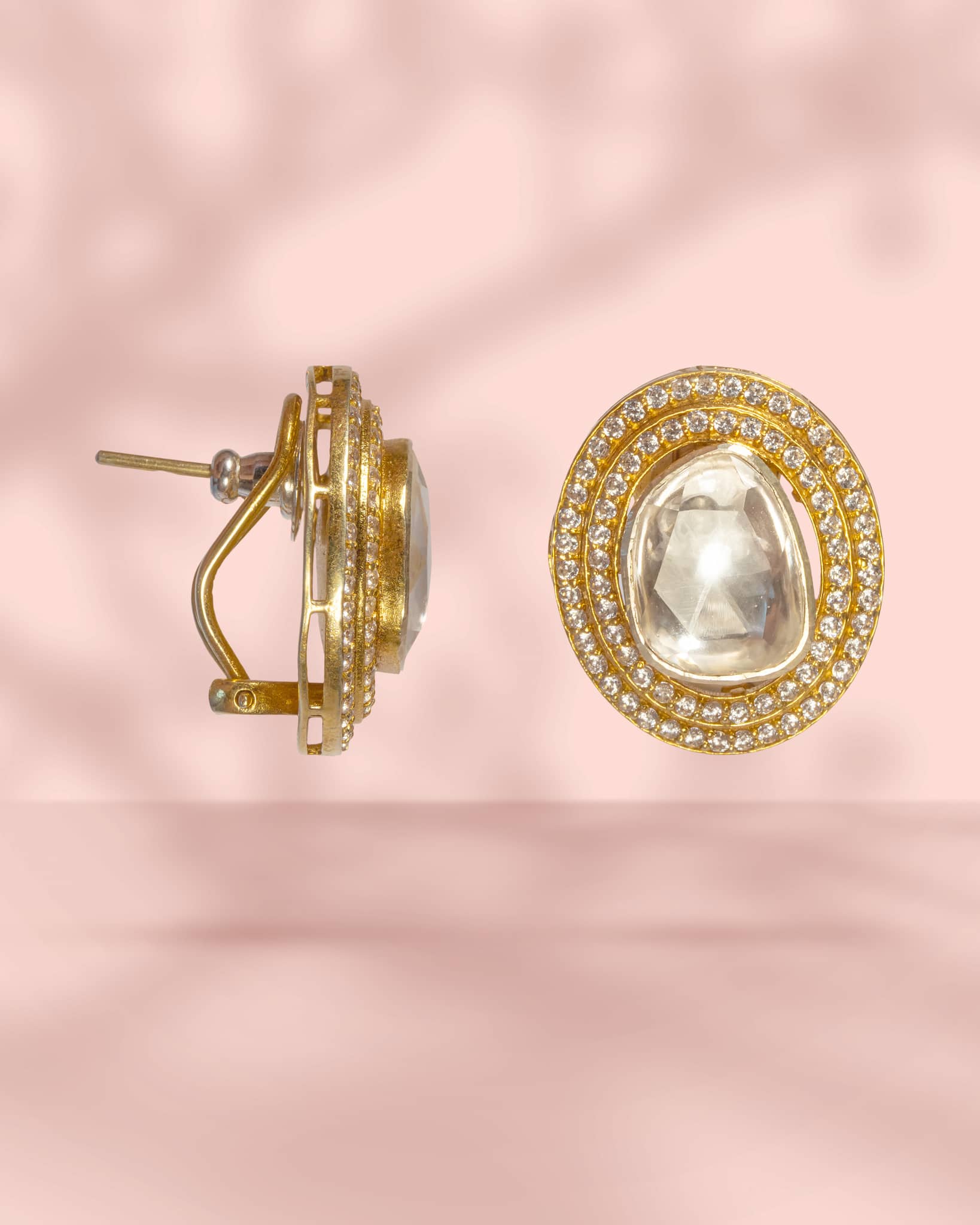 Premium 925 Sterling Silver Gold Plated Big Polki Studs | Double AD Halo with Clip Support