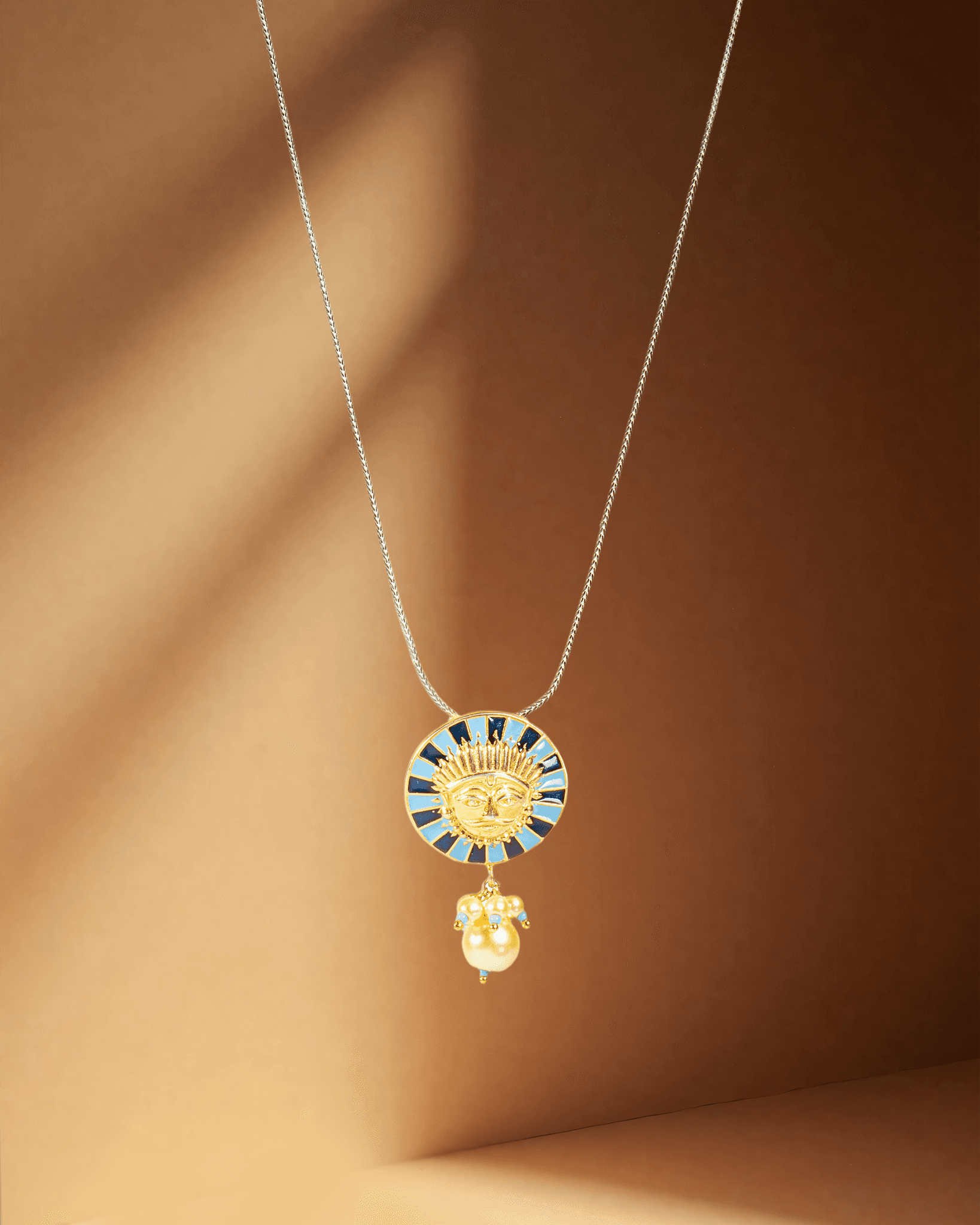 Gold Plated Silver Surya Pendant Set with Blue Enamel & Pearls | Traditional Sun Motif (Chain Not Included)