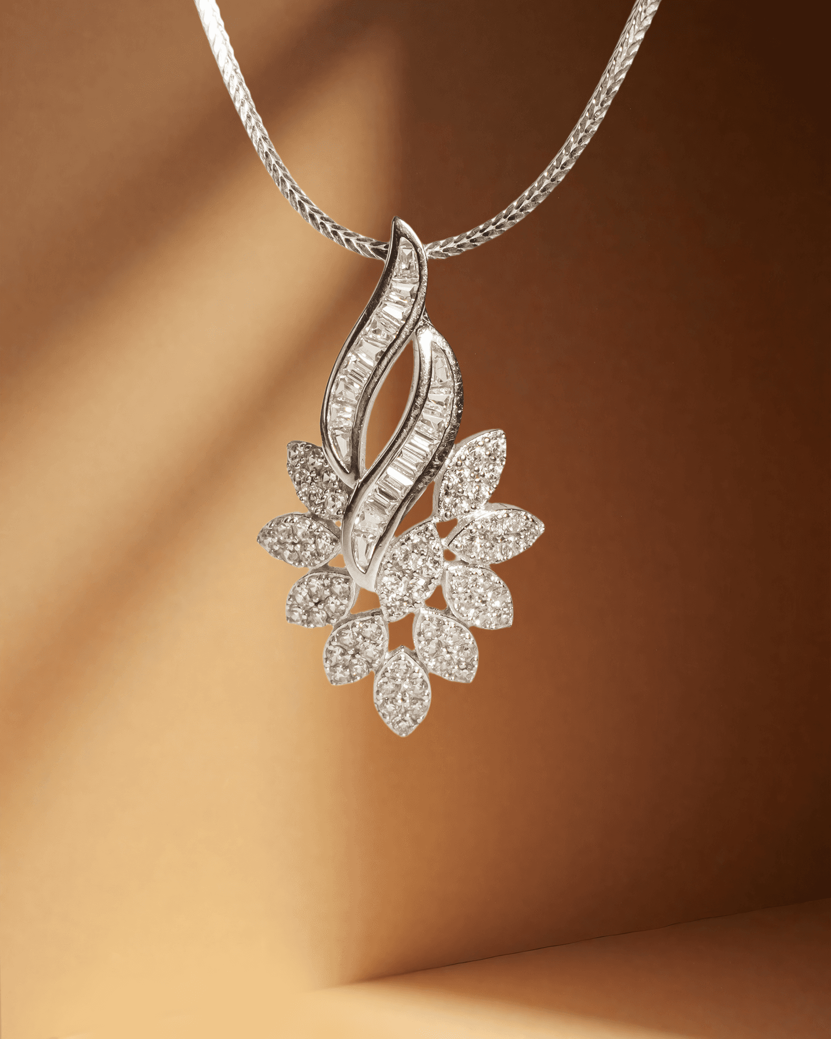 925 Sterling Silver Cascading Leaf Pendant Set with Baguette CZ | Floral Spray Design (Chain Not Included)