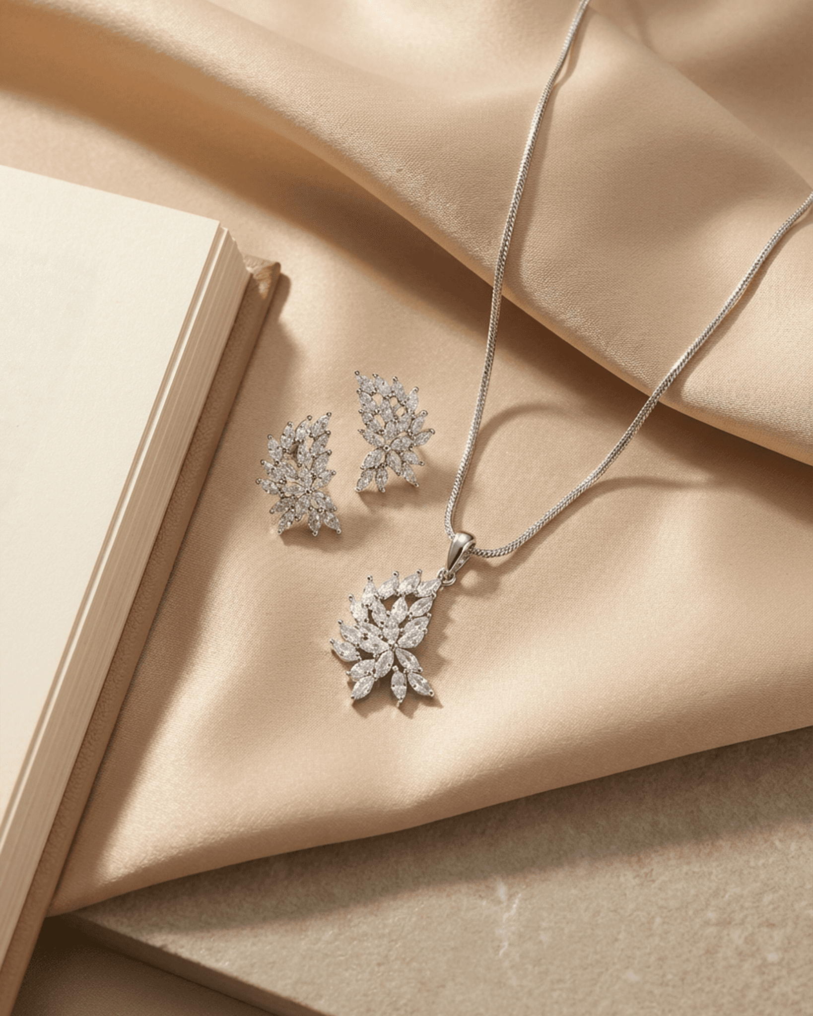 92.5 Sterling Silver Marquise CZ Floral Wing Pendant Set | Diamond Look Studs (Chain Not Included)