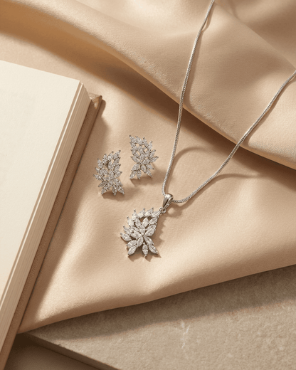 92.5 Sterling Silver Marquise CZ Floral Wing Pendant Set | Diamond Look Studs (Chain Not Included)