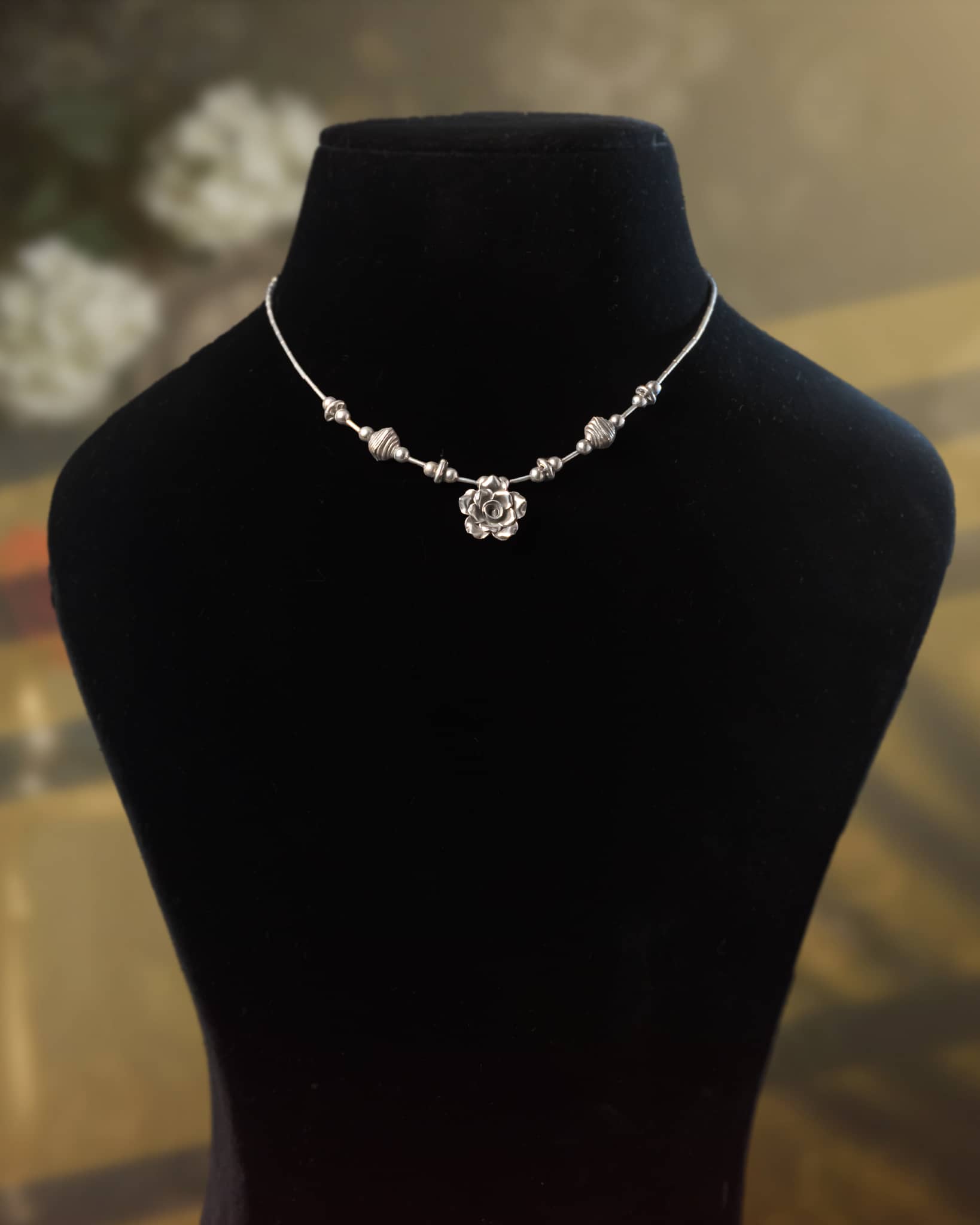 92.5 Sterling Silver Oxidized 3D Rose Pendant Necklace | Floral Bead Station Chain