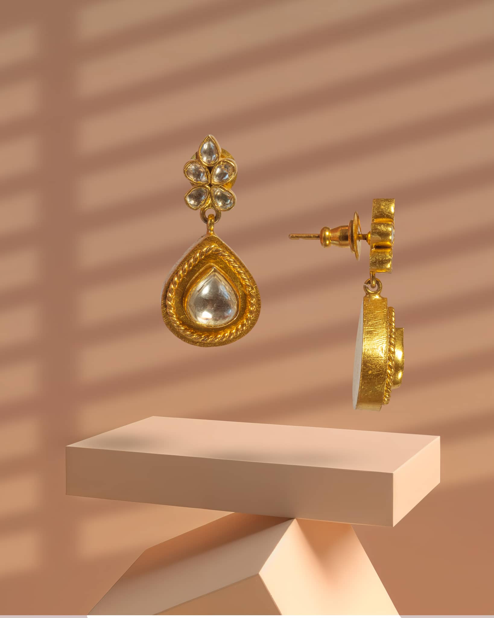 Premium Gold Plated Polki Teardrop Earrings | Antique Rope Border Drop