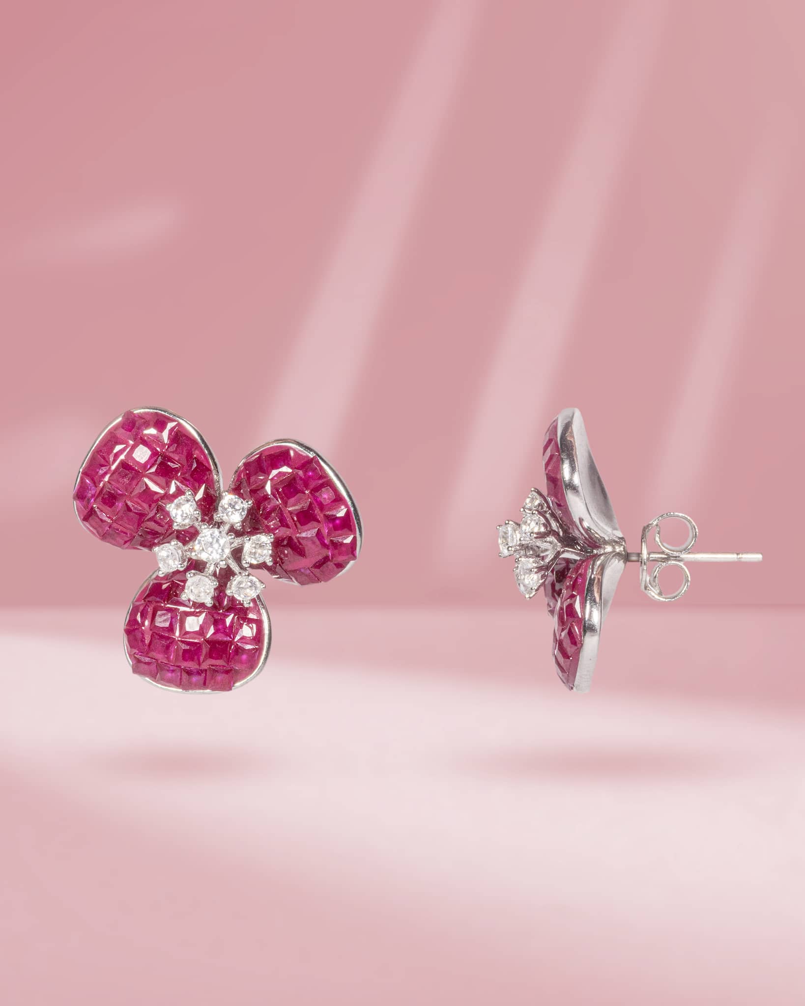 925 Sterling Silver Invisible Set Ruby Floral Stud Earrings | 3-Petal Flower Tops