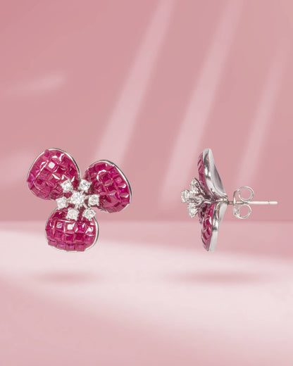 925 Sterling Silver Invisible Set Ruby Floral Stud Earrings | 3-Petal Flower Tops