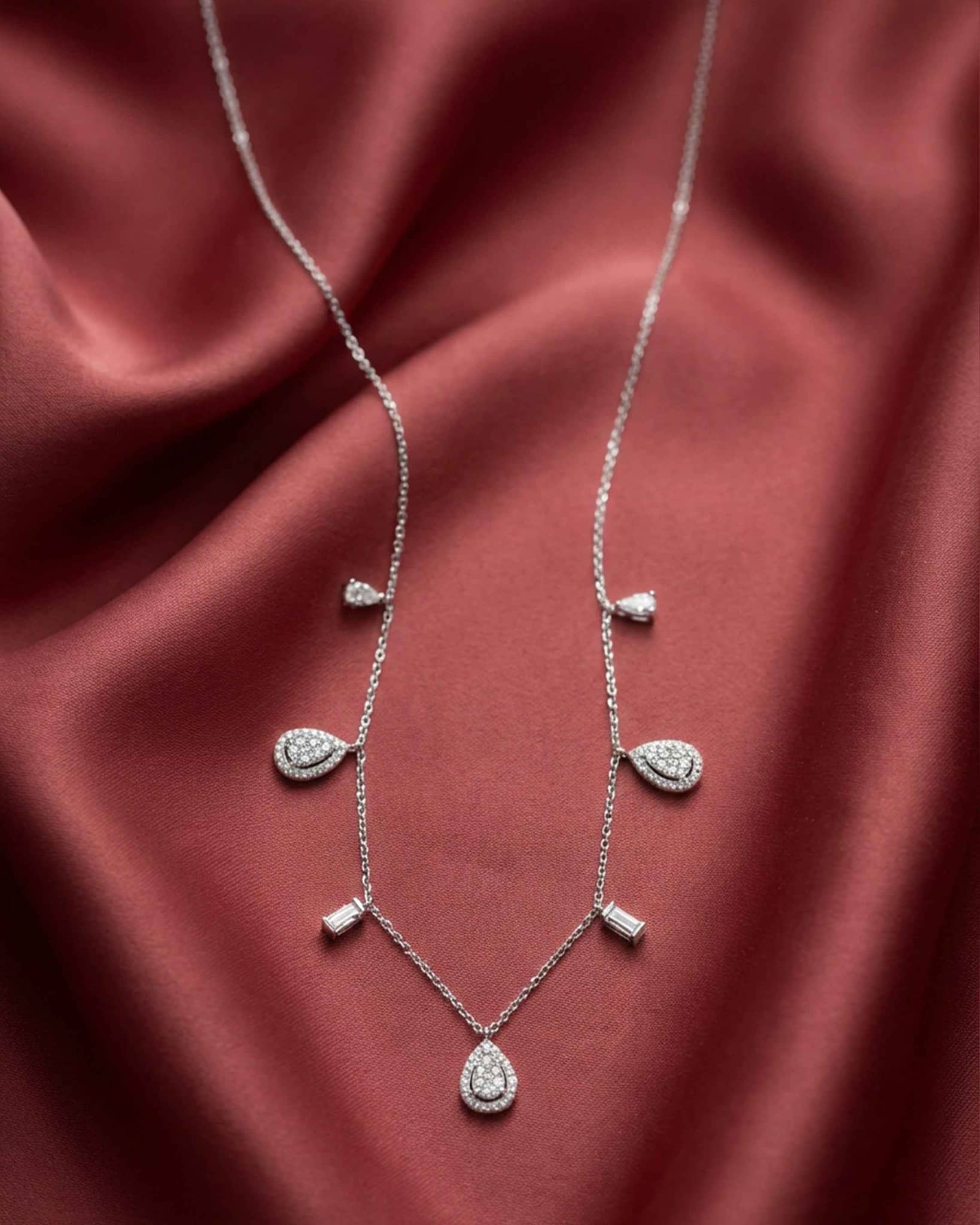 92.5 Sterling Silver Multi-Shape CZ Dangle Necklace | Teardrop & Baguette Slider Chain