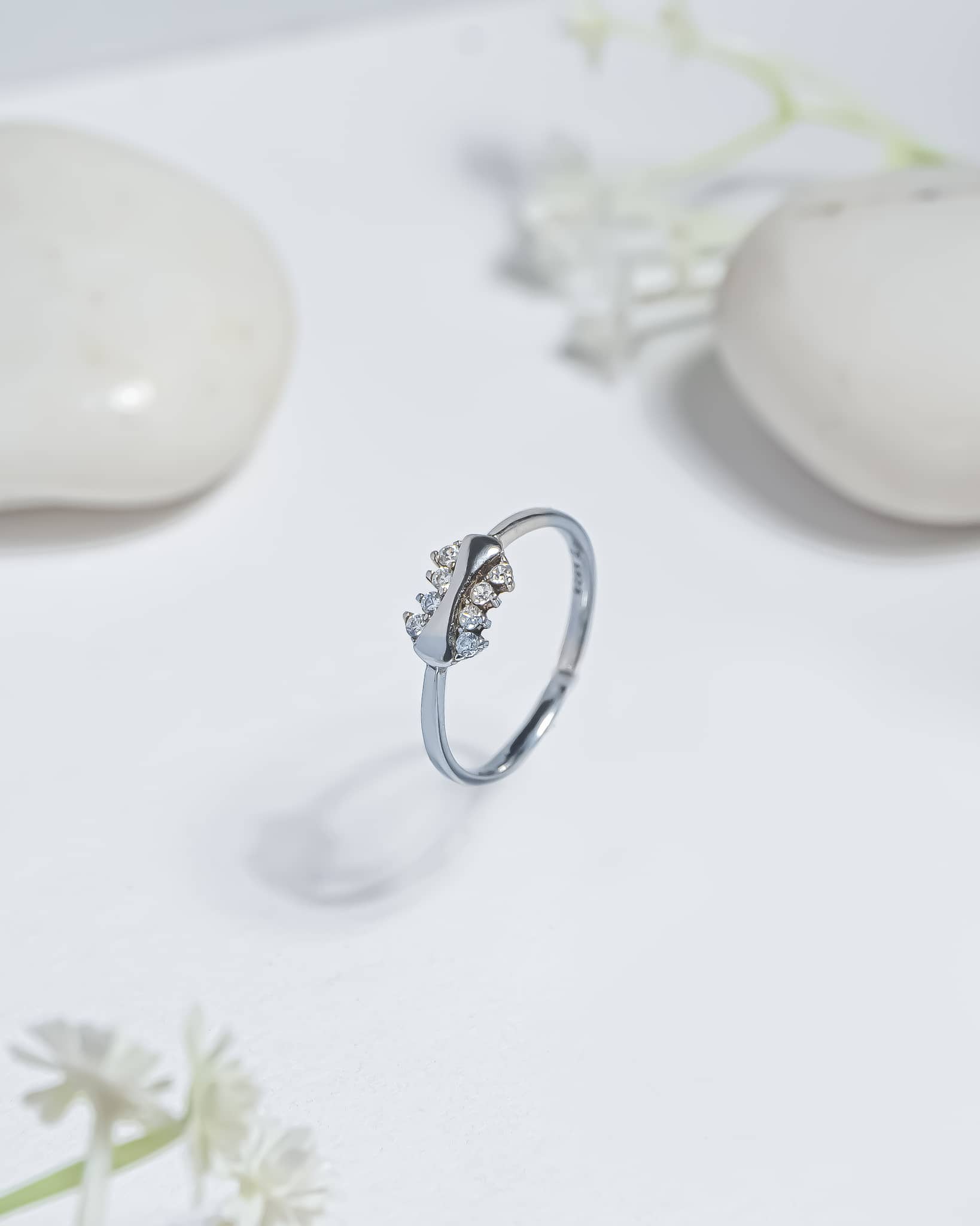 92.5 Sterling Silver CZ Wavy Ribbon Ring | Elegant Curved Minimalist Band