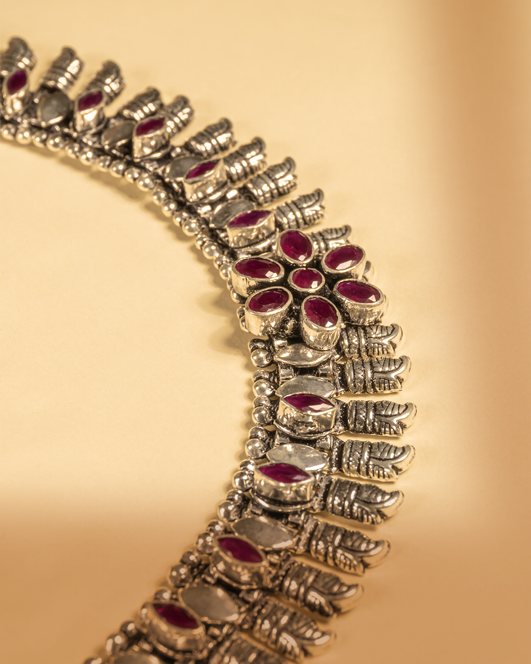 925 Silver Floral Antique Anklet with Ruby Stones | Hardik Jewels