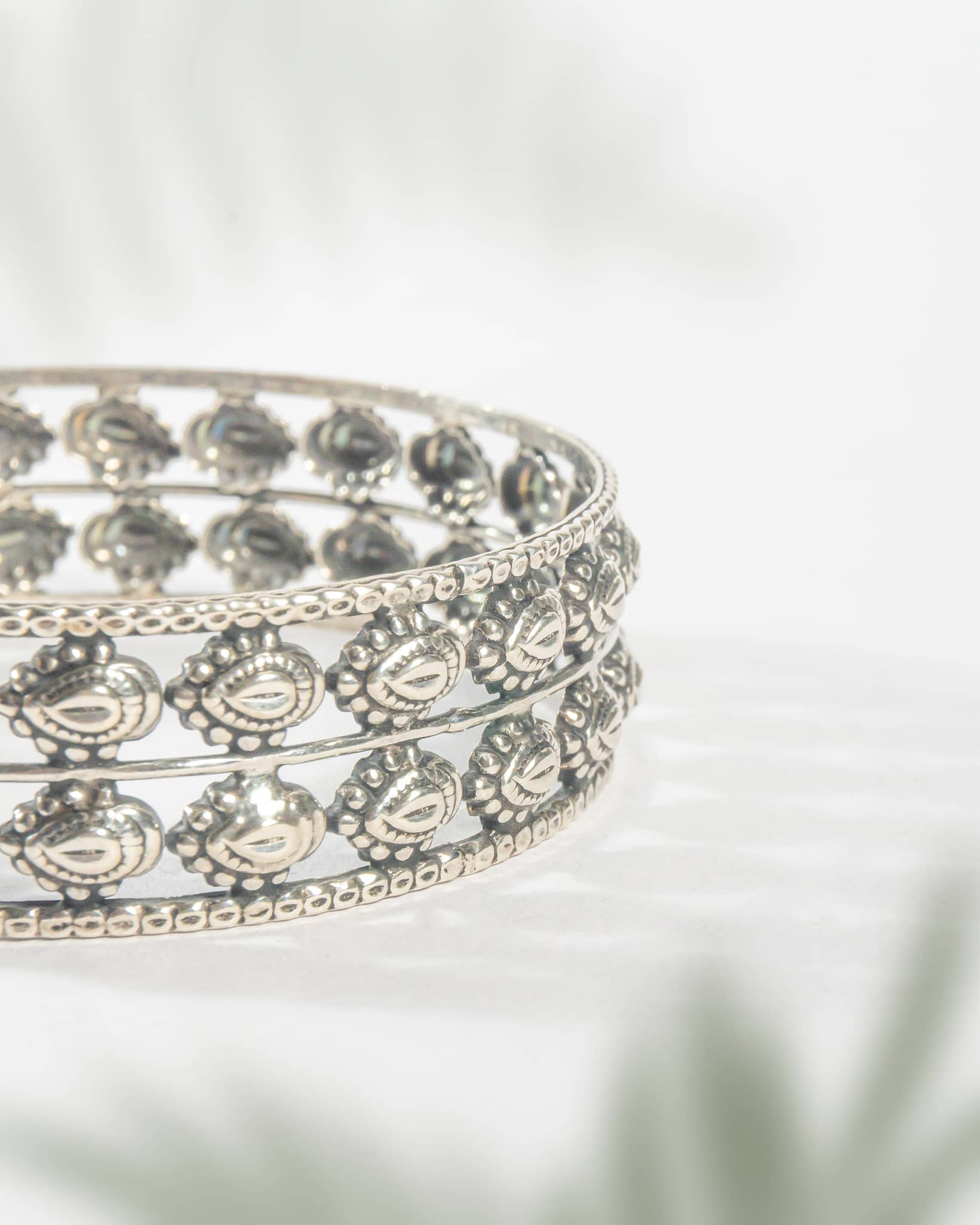 92.5 Sterling Silver Antique Multi-Row Motif Bangle | Traditional Oxidized Wide Kada