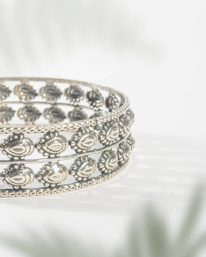 92.5 Sterling Silver Antique Multi-Row Motif Bangle | Traditional Oxidized Wide Kada