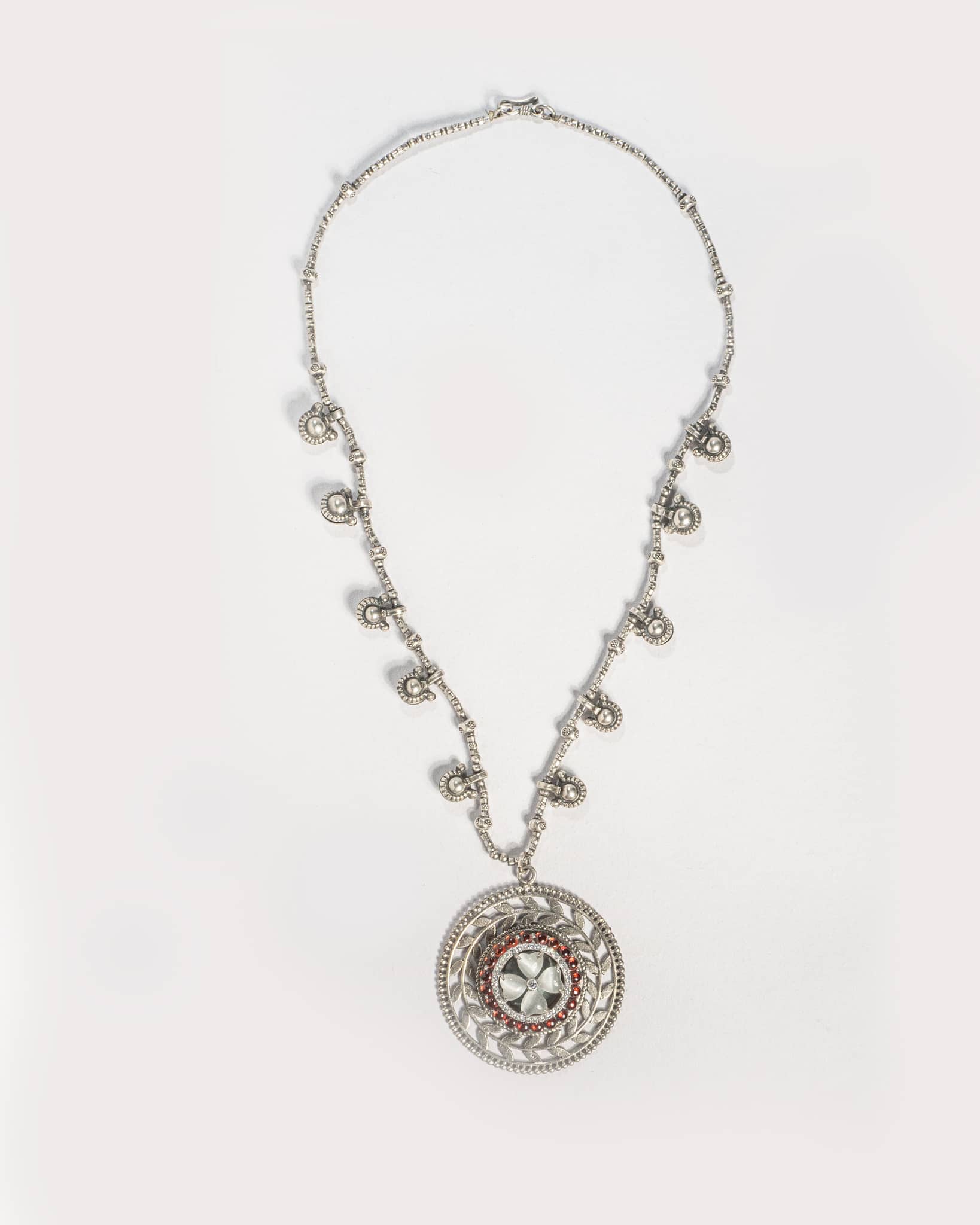 Oxidized 925 Sterling Silver Round Floral Pendant Necklace with Red & White Stones | Long Traditional Chain