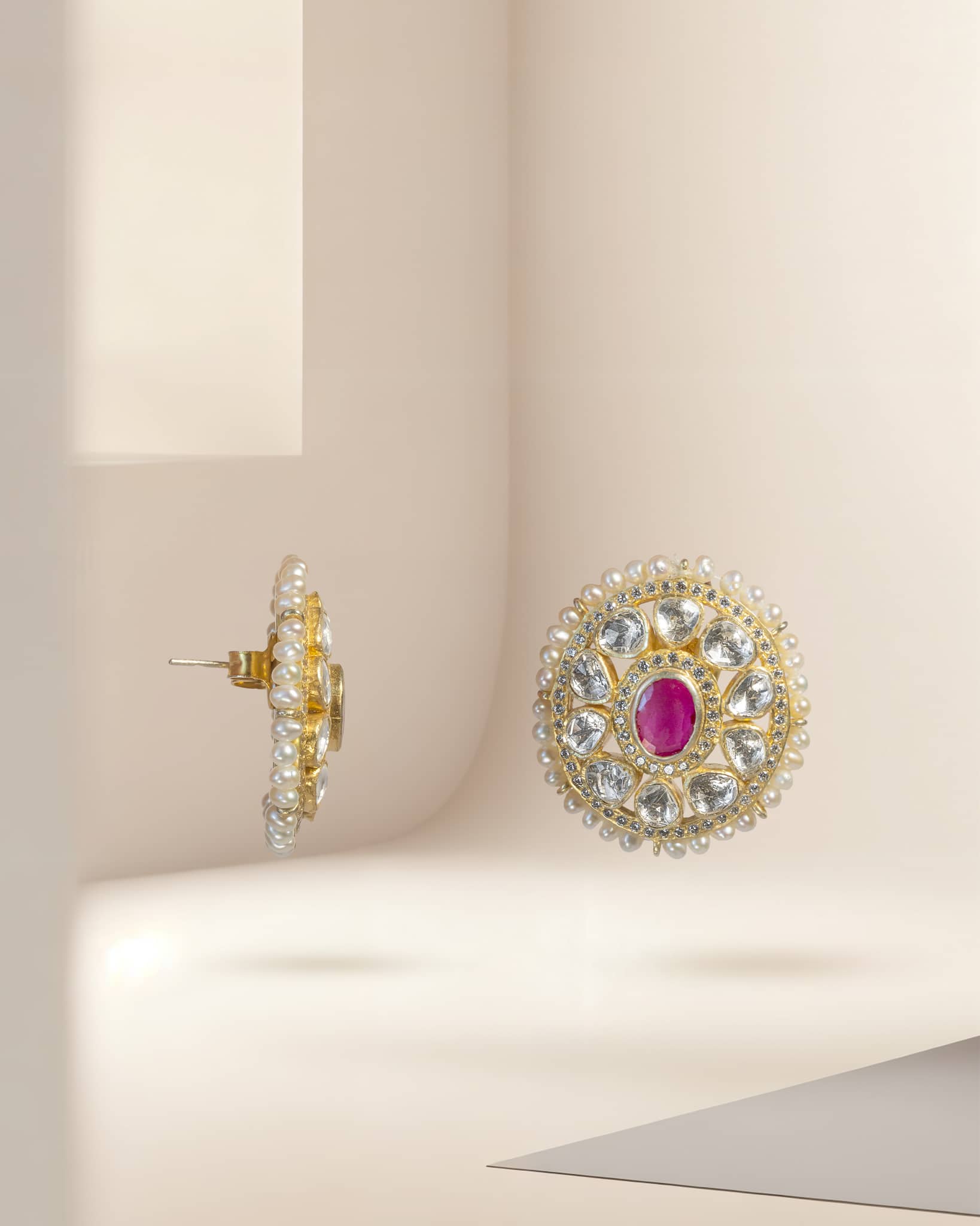 Gold Plated Ruby Polki Stud Earrings with Pearl Halo | Traditional Jadau Tops