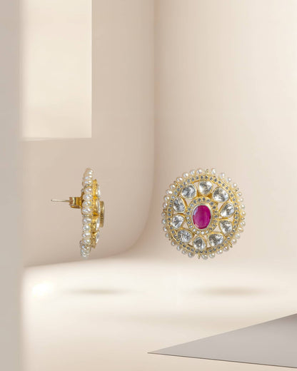 Gold Plated Ruby Polki Stud Earrings with Pearl Halo | Traditional Jadau Tops