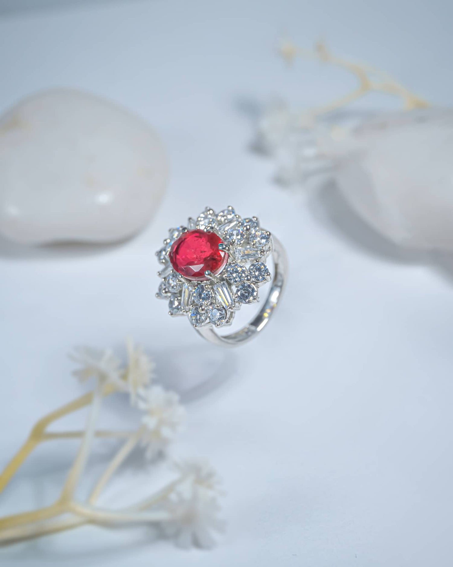 92.5 Sterling Silver Ruby CZ Cocktail Ring | Vintage Diamond Halo Cluster