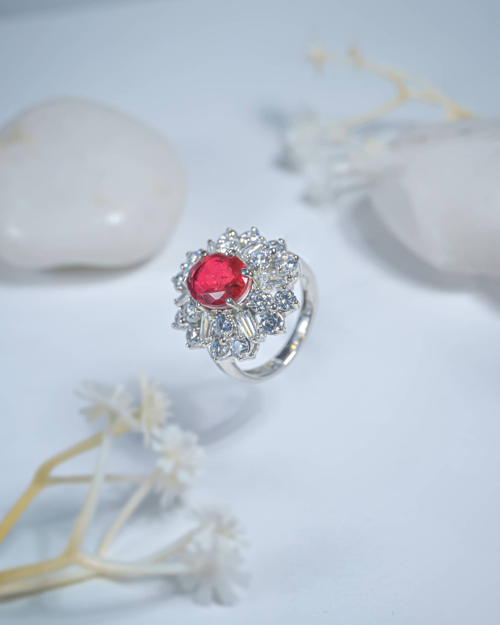 92.5 Sterling Silver Ruby CZ Cocktail Ring | Vintage Diamond Halo Cluster