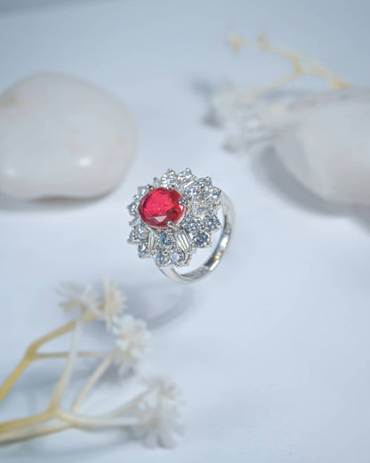 92.5 Sterling Silver Ruby CZ Cocktail Ring | Vintage Diamond Halo Cluster