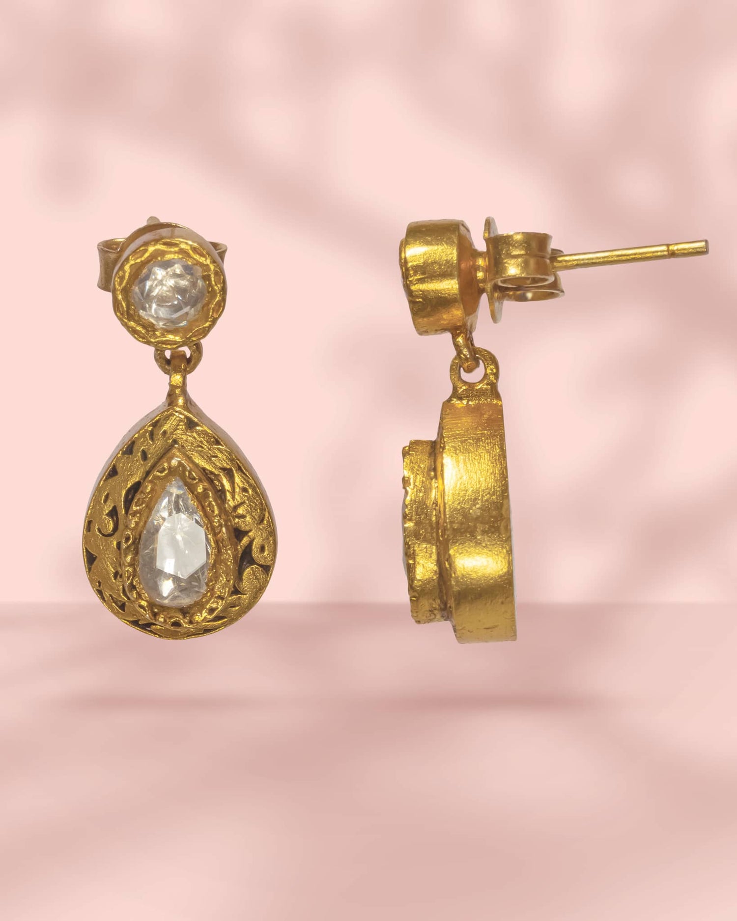 Premium 925 Sterling Silver Gold Plated Polki Teardrop Earrings | Antique Scrollwork Jadau Drop