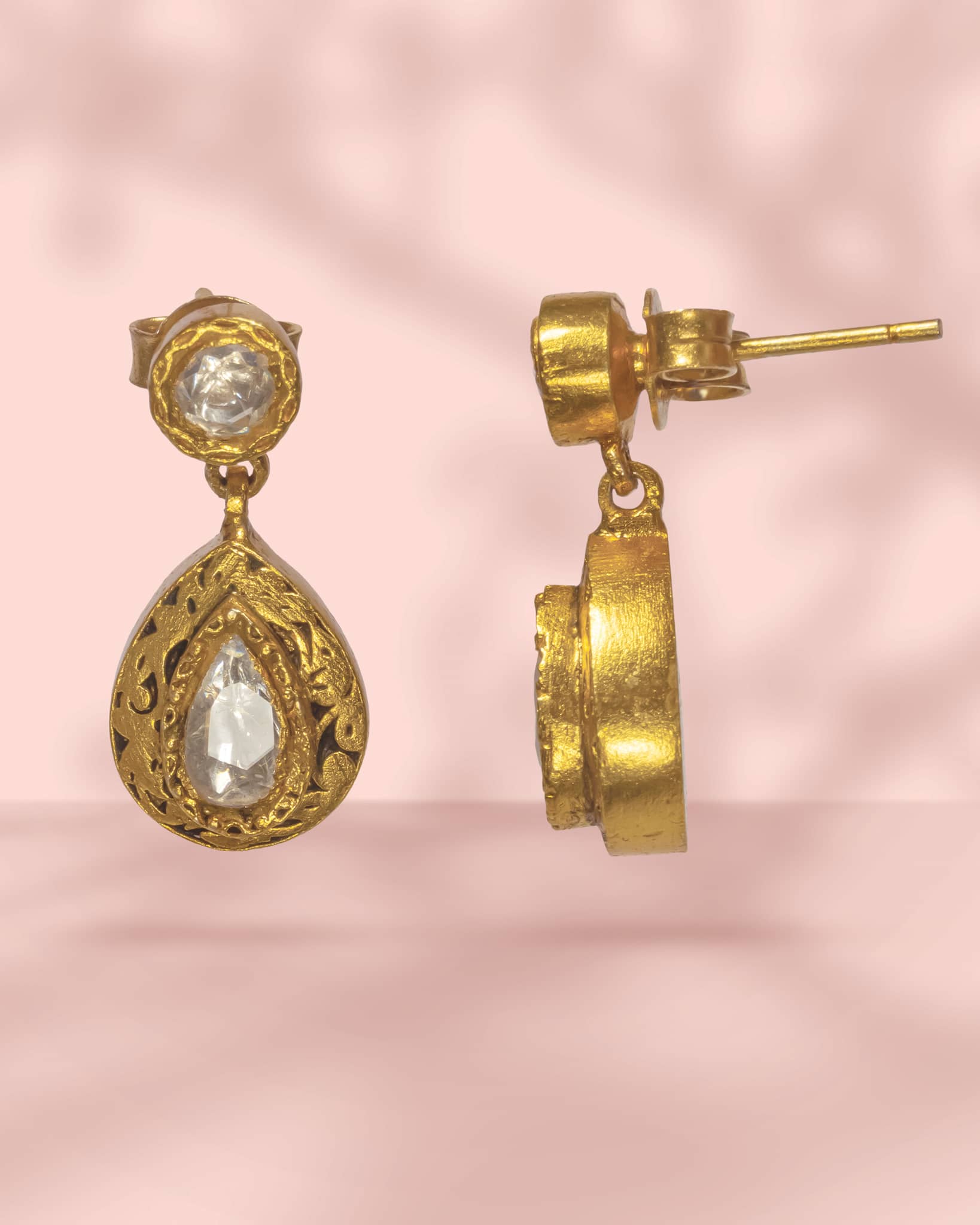 Premium 925 Sterling Silver Gold Plated Polki Teardrop Earrings | Antique Scrollwork Jadau Drop
