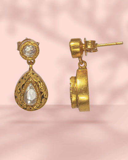 Premium 925 Sterling Silver Gold Plated Polki Teardrop Earrings | Antique Scrollwork Jadau Drop