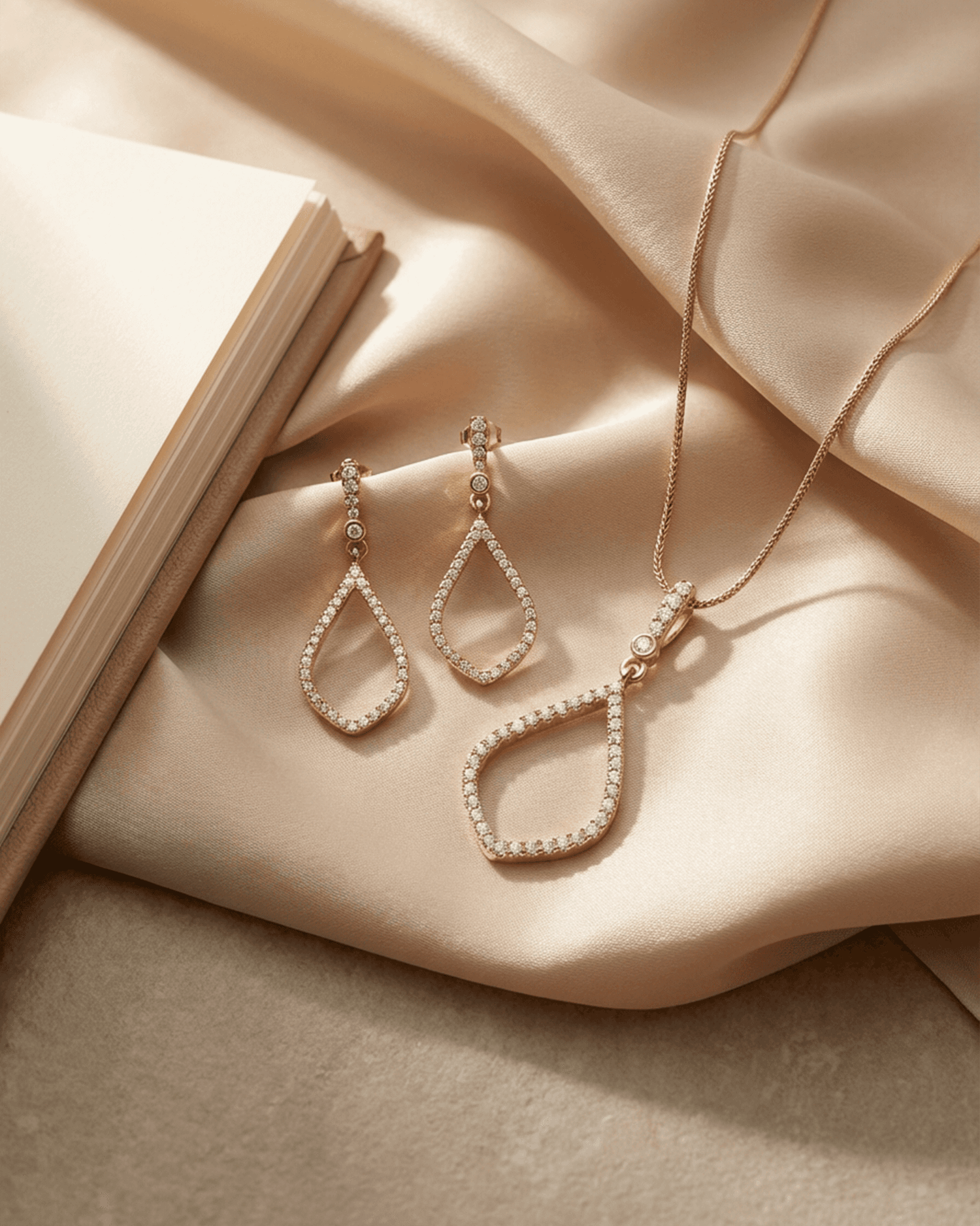 92.5 Sterling Silver Rose Gold Open Teardrop Pendant Set | CZ Dangle Studs (Chain Not Included)