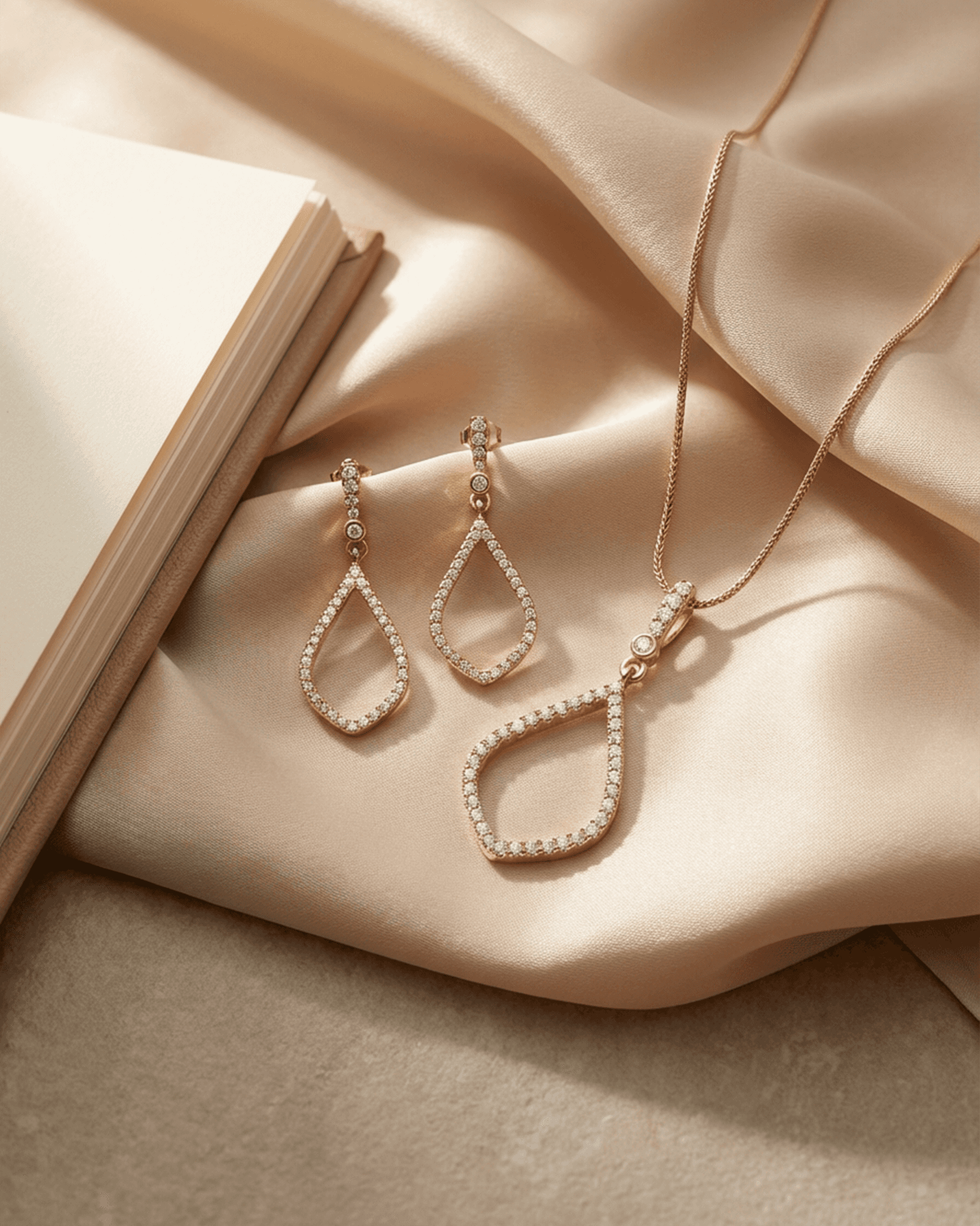 92.5 Sterling Silver Rose Gold Open Teardrop Pendant Set | CZ Dangle Studs (Chain Not Included)