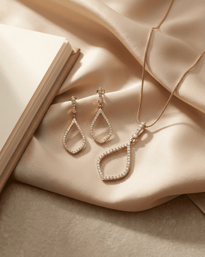 92.5 Sterling Silver Rose Gold Open Teardrop Pendant Set | CZ Dangle Studs (Chain Not Included)